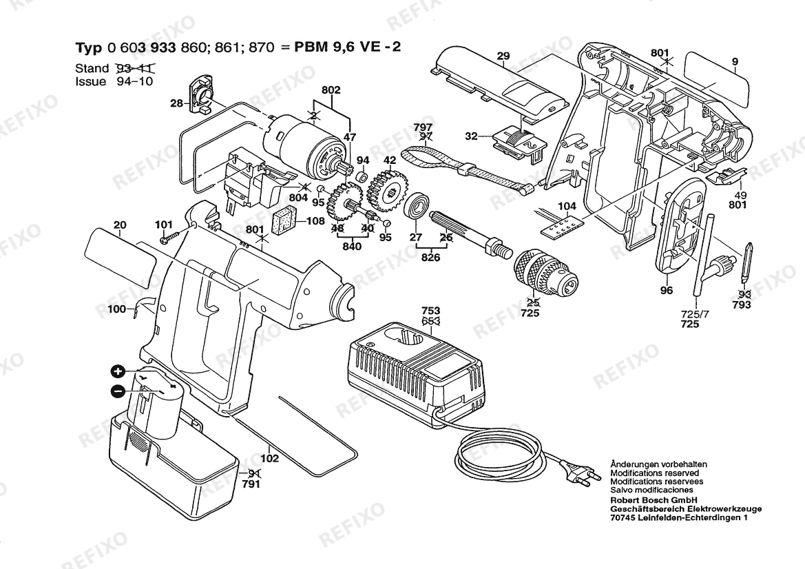 Bosch Hw- аккумуляторный - дрель PBM 9,6 VE-2 | 9.6 V | 061 - US (0 603 933 861) — схема запчастей