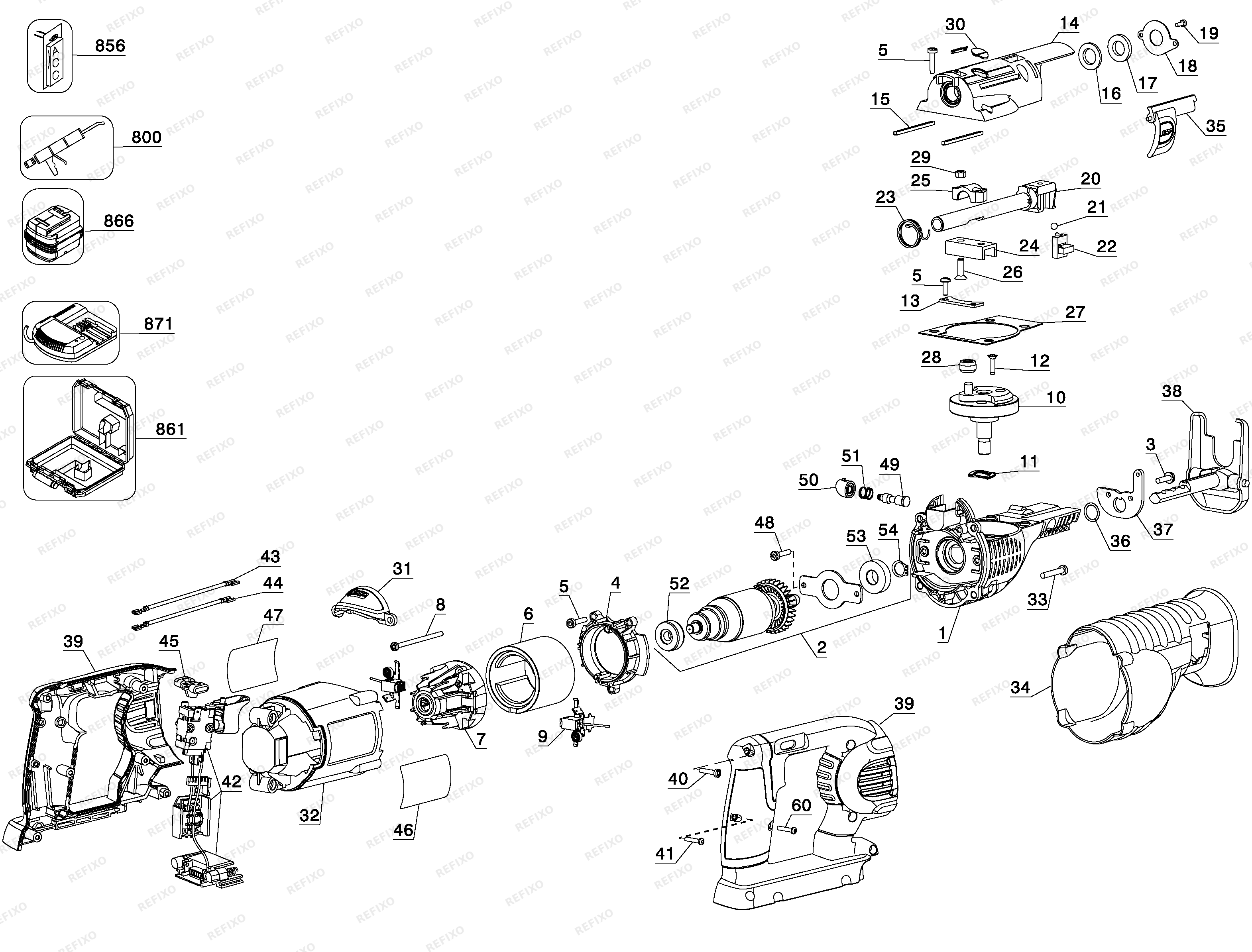 DeWalt АККУМУЛЯТОРНАЯ САБЕЛЬНАЯ ПИЛА DC315KL — схема запчастей