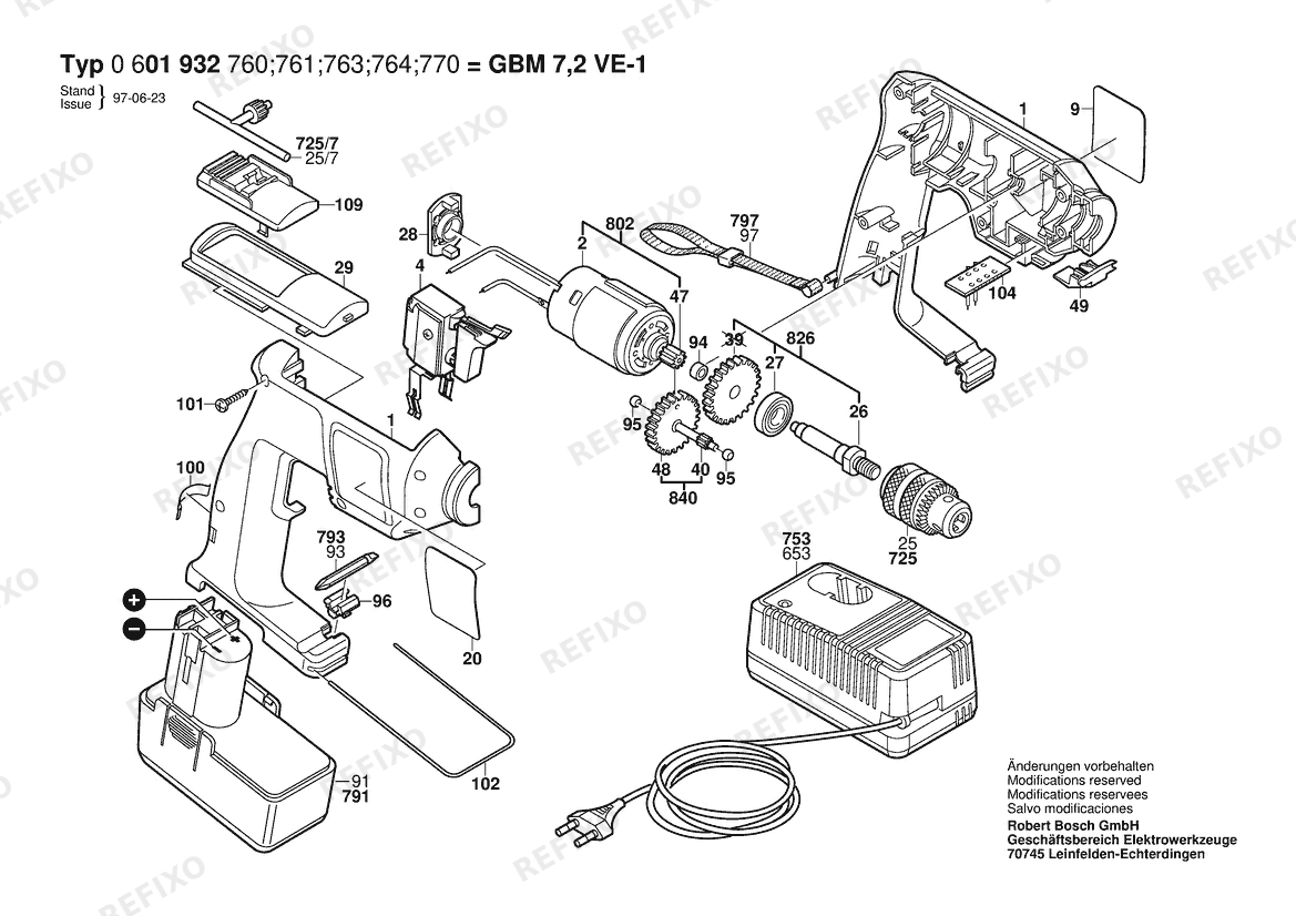 Bosch Аккумуляторный - дрель GBM 7,2 VE-1 | 7.2 V | 001 - EU (0 601 932 768) — схема запчастей
