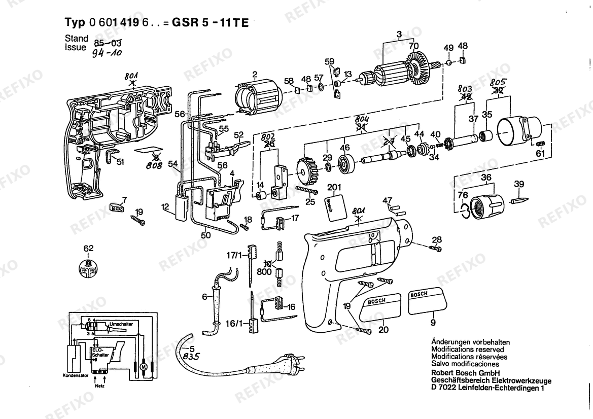 Bosch Шуруповёрт GSR 5-11 TE | 240 V | 036 - GB (0 601 419 642) — схема запчастей