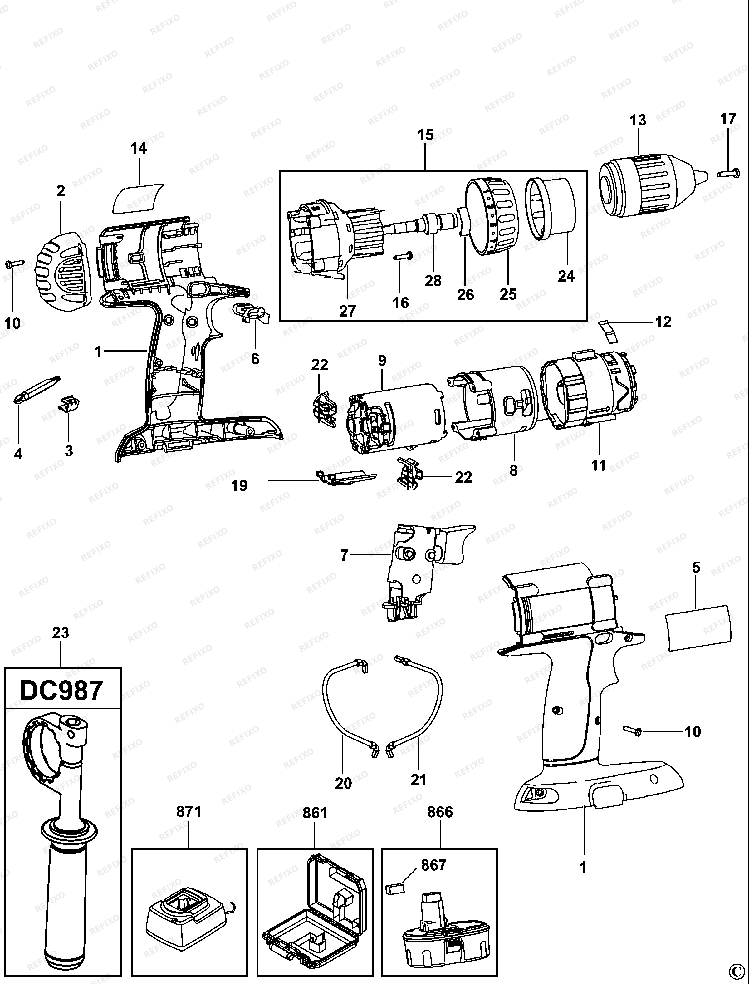 DeWalt АККУМУЛЯТОРНАЯ ДРЕЛЬ DC987 — схема запчастей