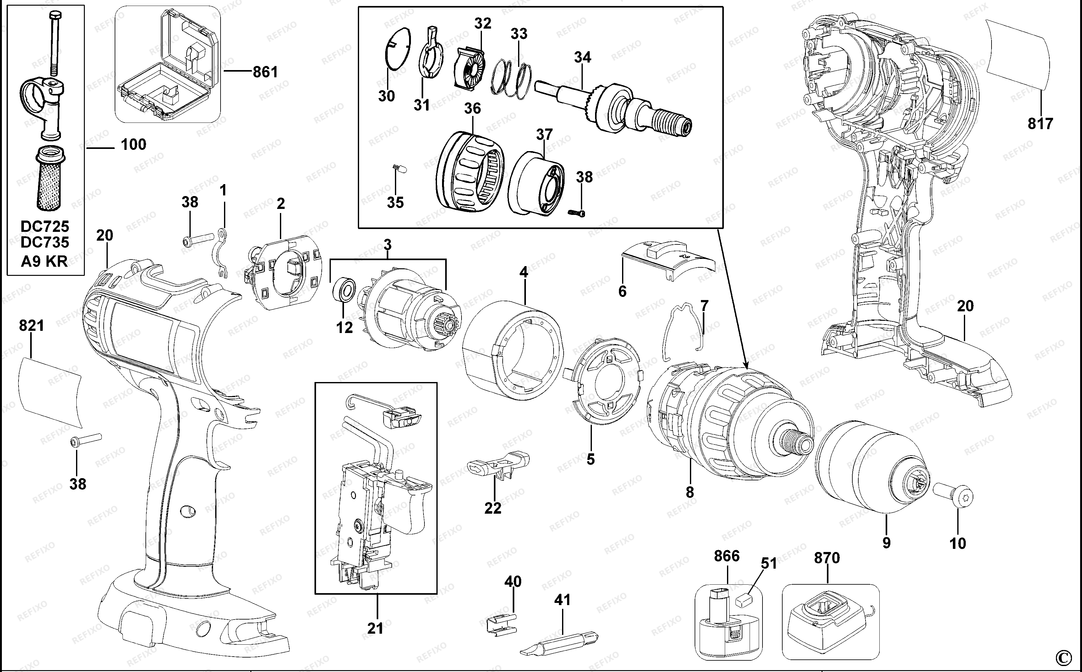DeWalt АККУМУЛЯТОРНАЯ ДРЕЛЬ DC745K — схема запчастей