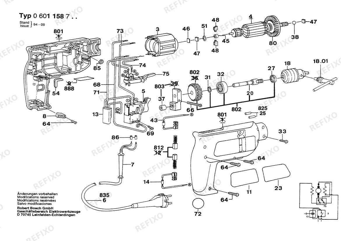 Bosch Дрель ELECTRONIC | 220 V | 004 - CH (0 601 158 732) — схема запчастей