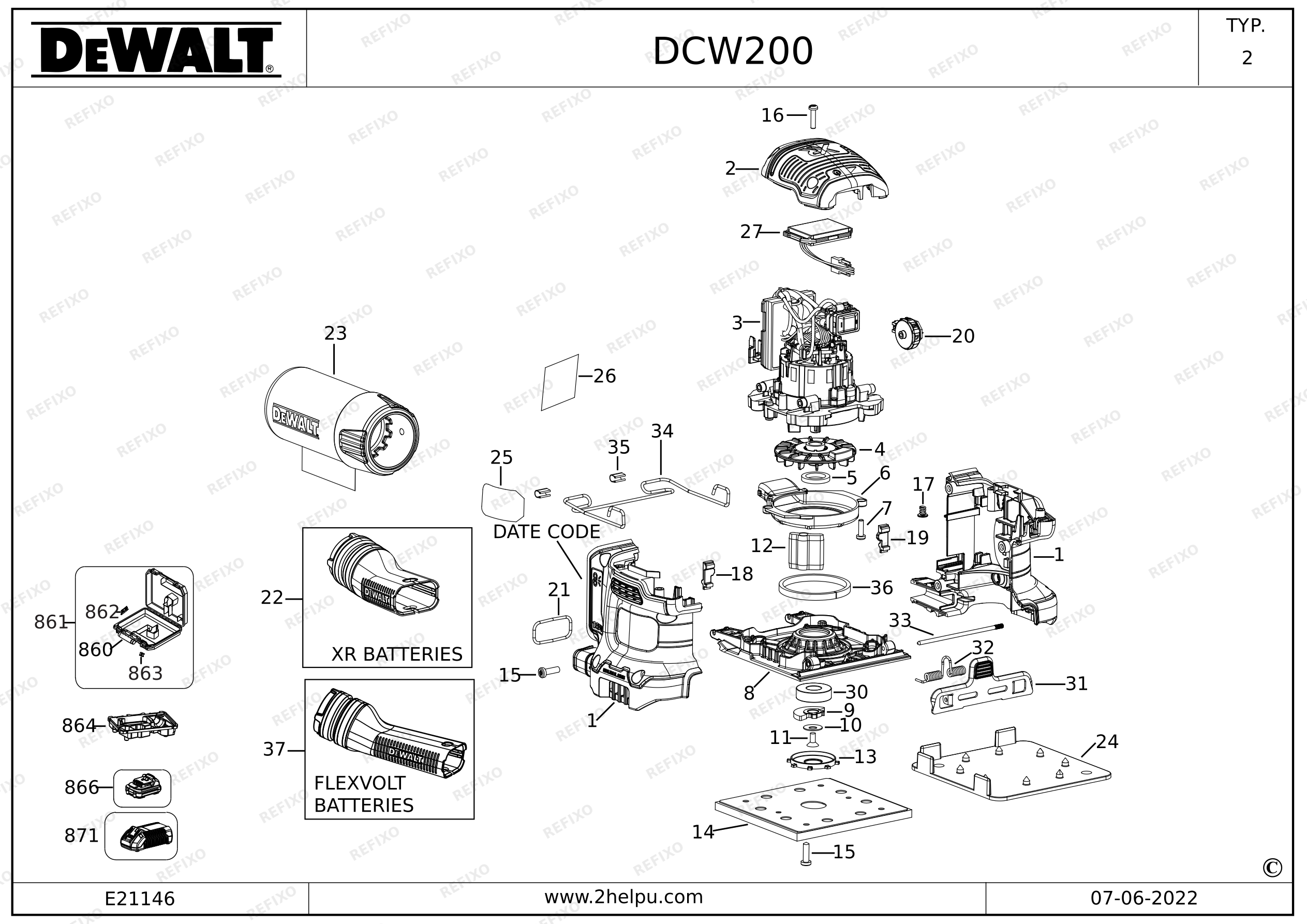DeWalt ЭКСЦЕНТРИКОВАЯ ПЛОСКОШЛИФОВАЛЬНАЯ МАШИНКА DCW200 — схема запчастей