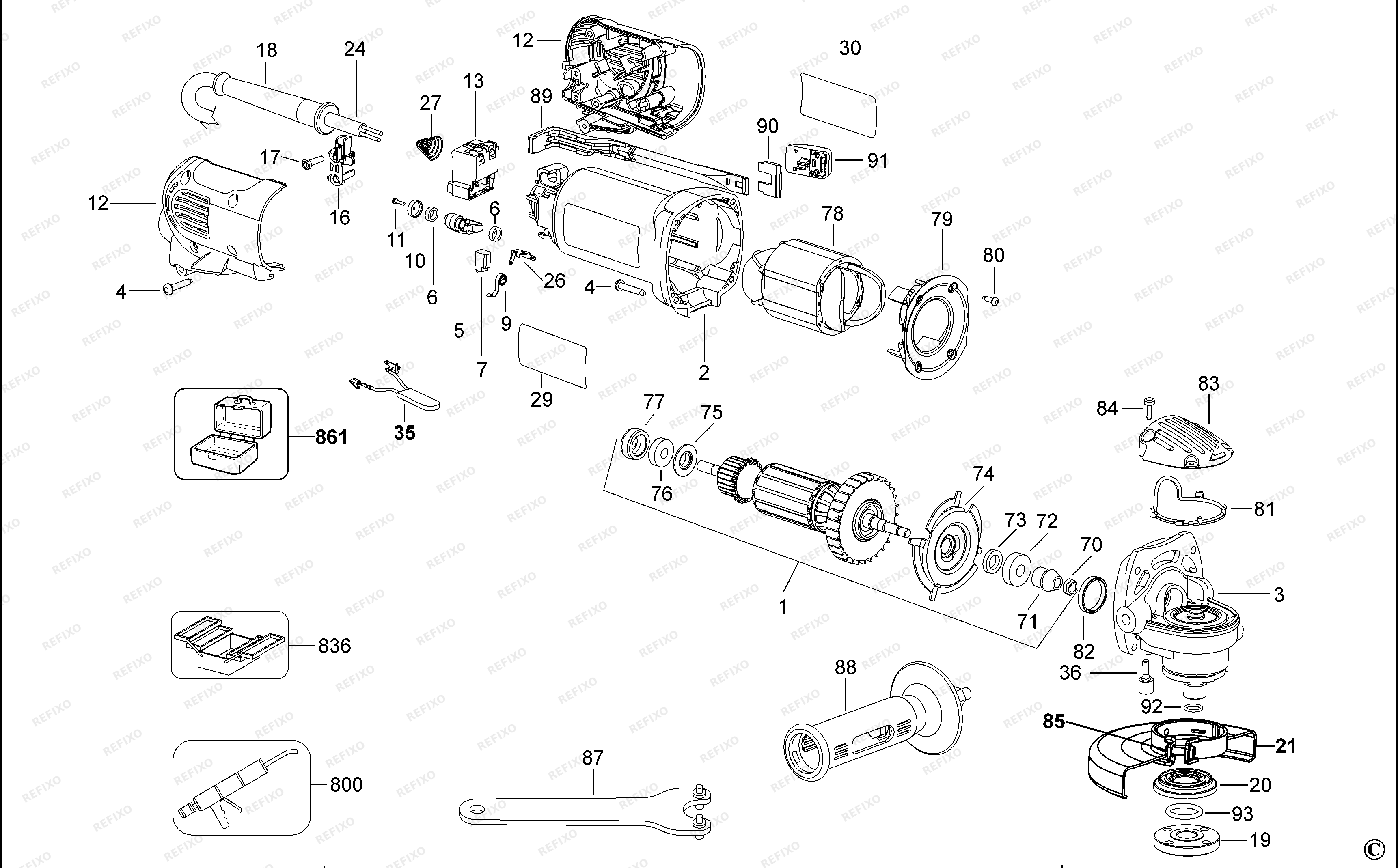 DeWalt МАЛЕНЬКАЯ УГЛОВАЯ ШЛИФМАШИНКА D28011 — схема запчастей