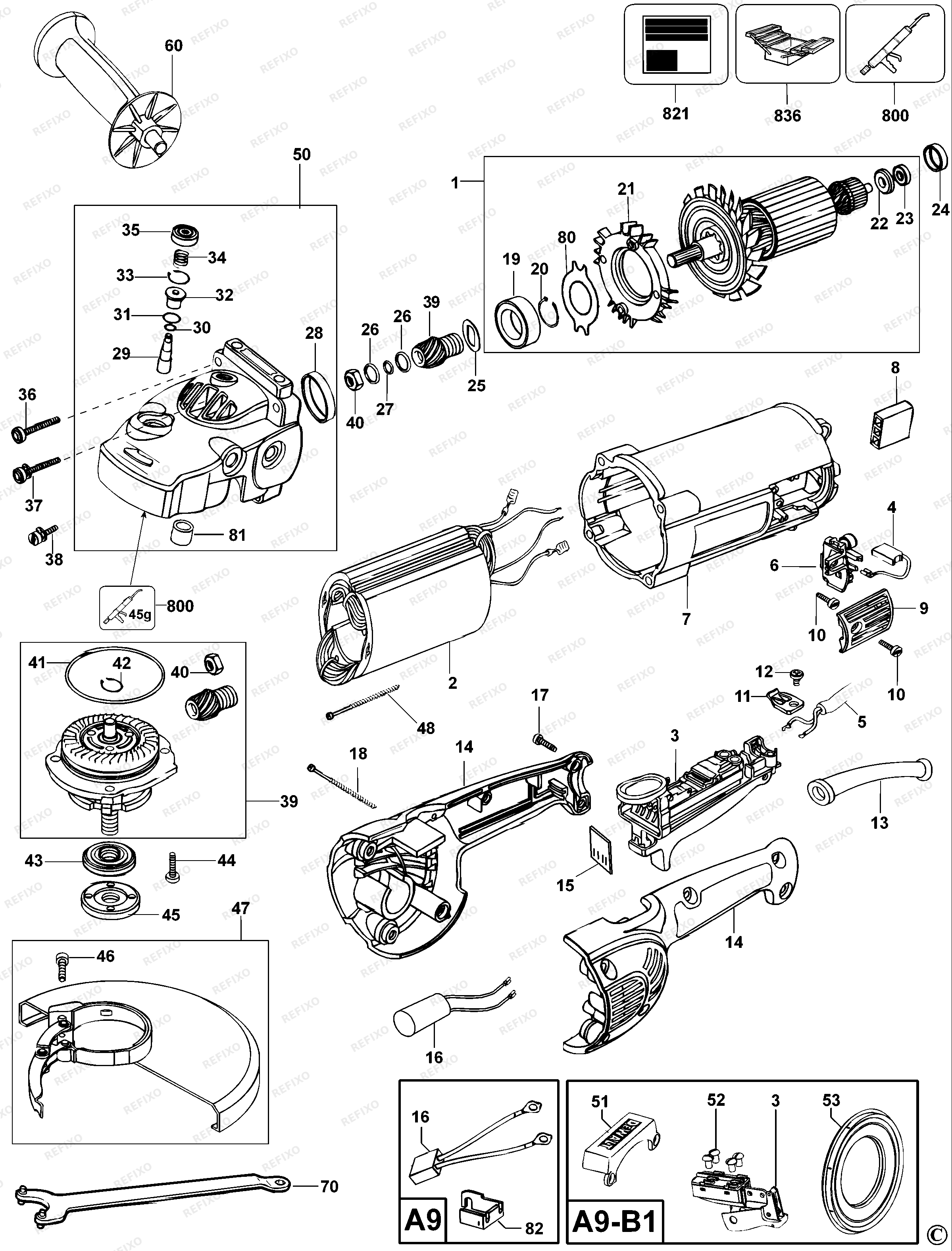 DeWalt РУЧНАЯ МАШИНА ДЛЯ ШЛИФОВАНИЯ ПОД УГЛОМ D28413 — схема запчастей