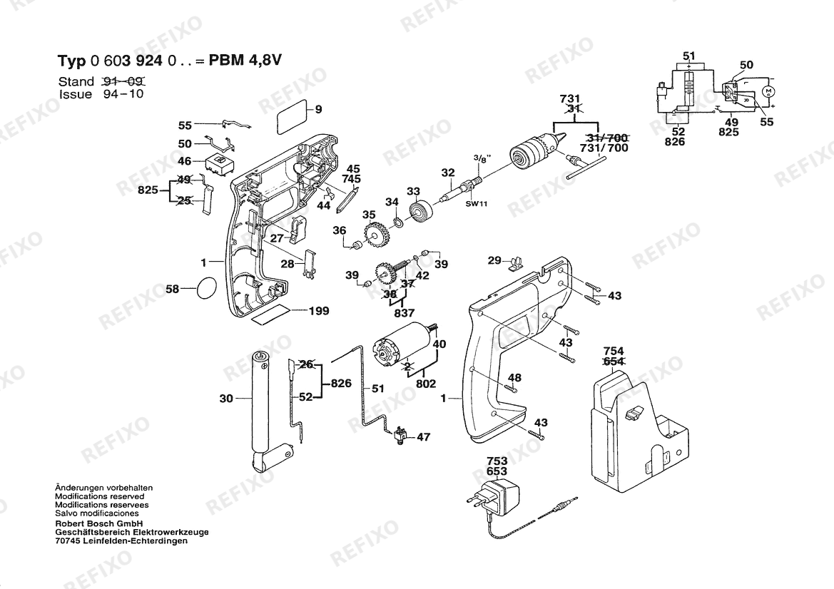 Bosch Аккумуляторный - дрель PBM 48V | 4.8 V | 036 - GB (0 603 924 042) — схема запчастей