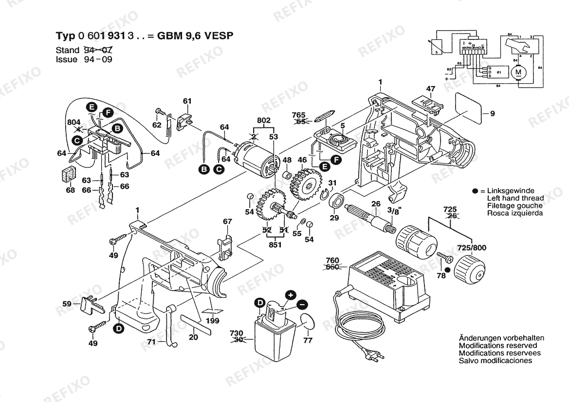 Bosch Аккумуляторный - дрель GBM 9,6V VESP | 9.6 V | 036 - GB (0 601 931 342) — схема запчастей
