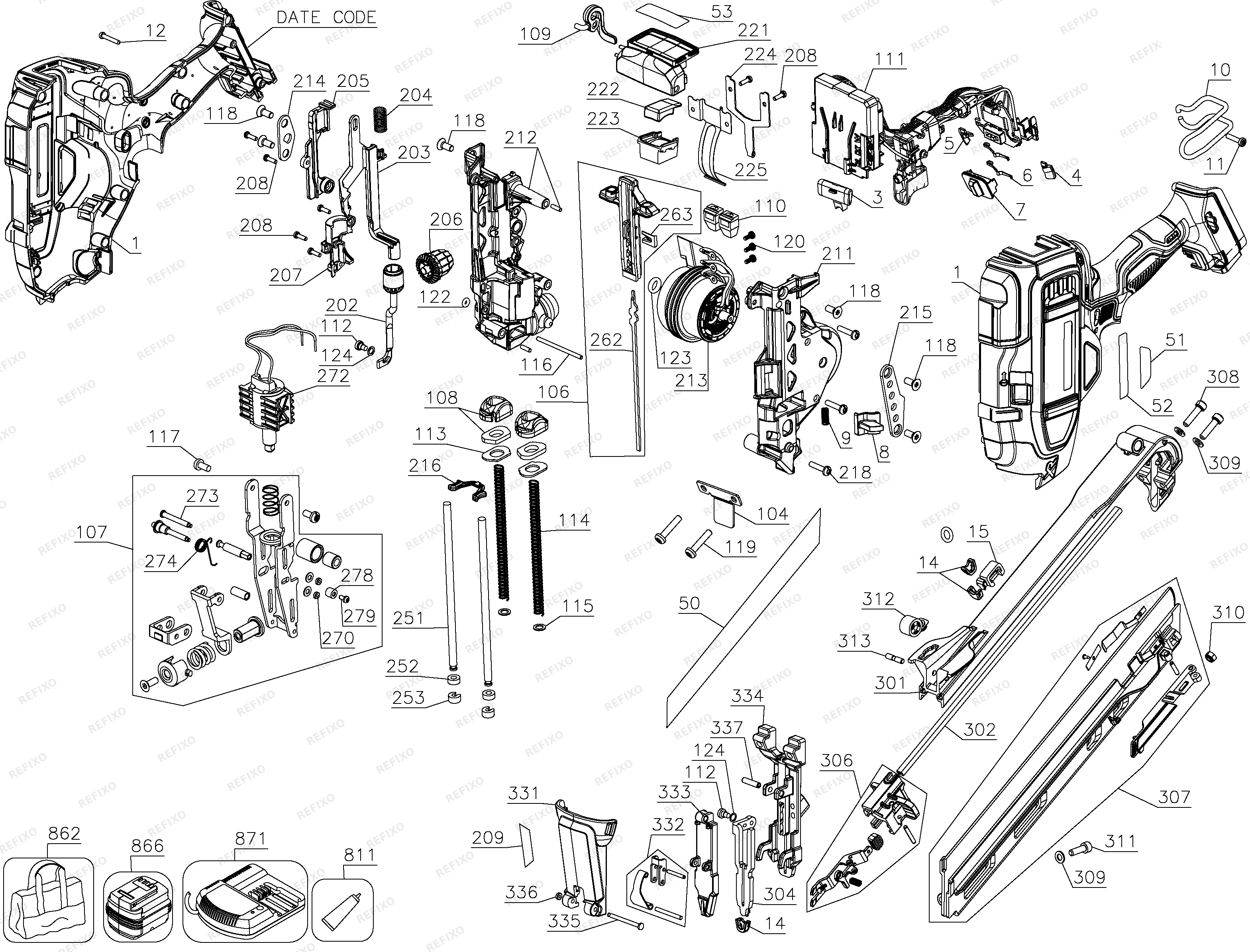 DeWalt 18V 15GA NAILER DCN650N — схема запчастей