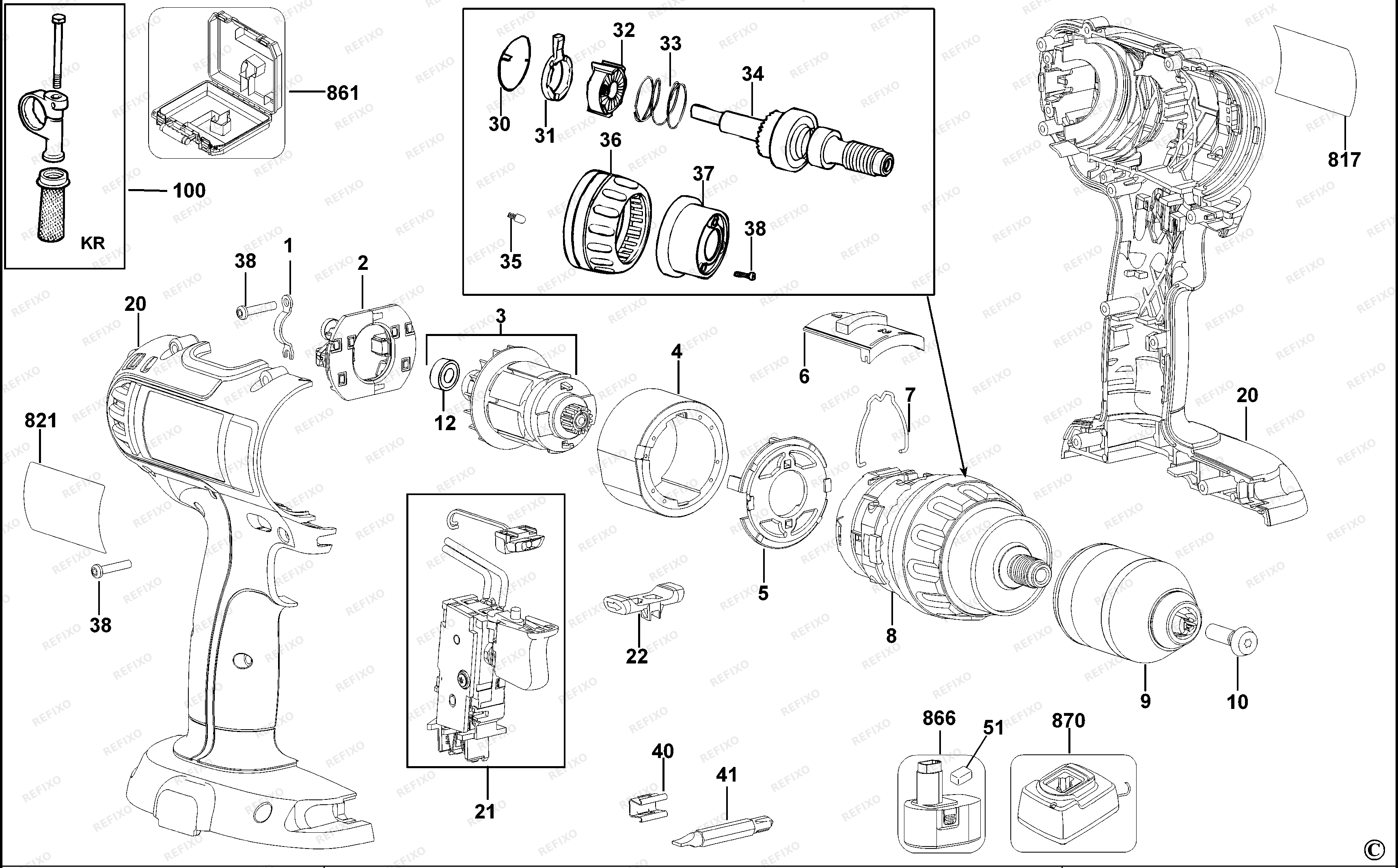 DeWalt АККУМУЛЯТОРНАЯ ДРЕЛЬ DC737K — схема запчастей