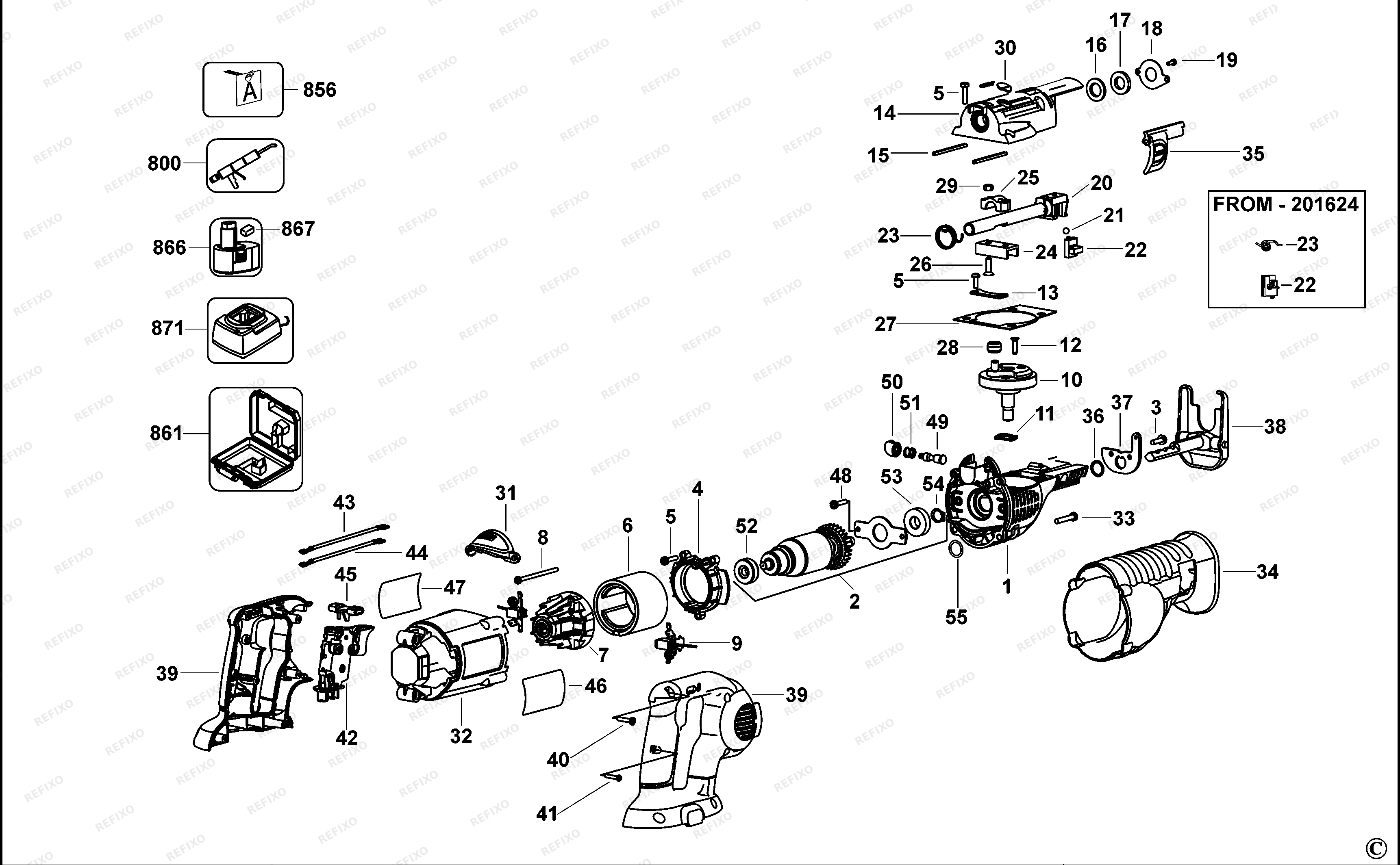 DeWalt АККУМУЛЯТОРНАЯ САБЕЛЬНАЯ ПИЛА DC385 — схема запчастей