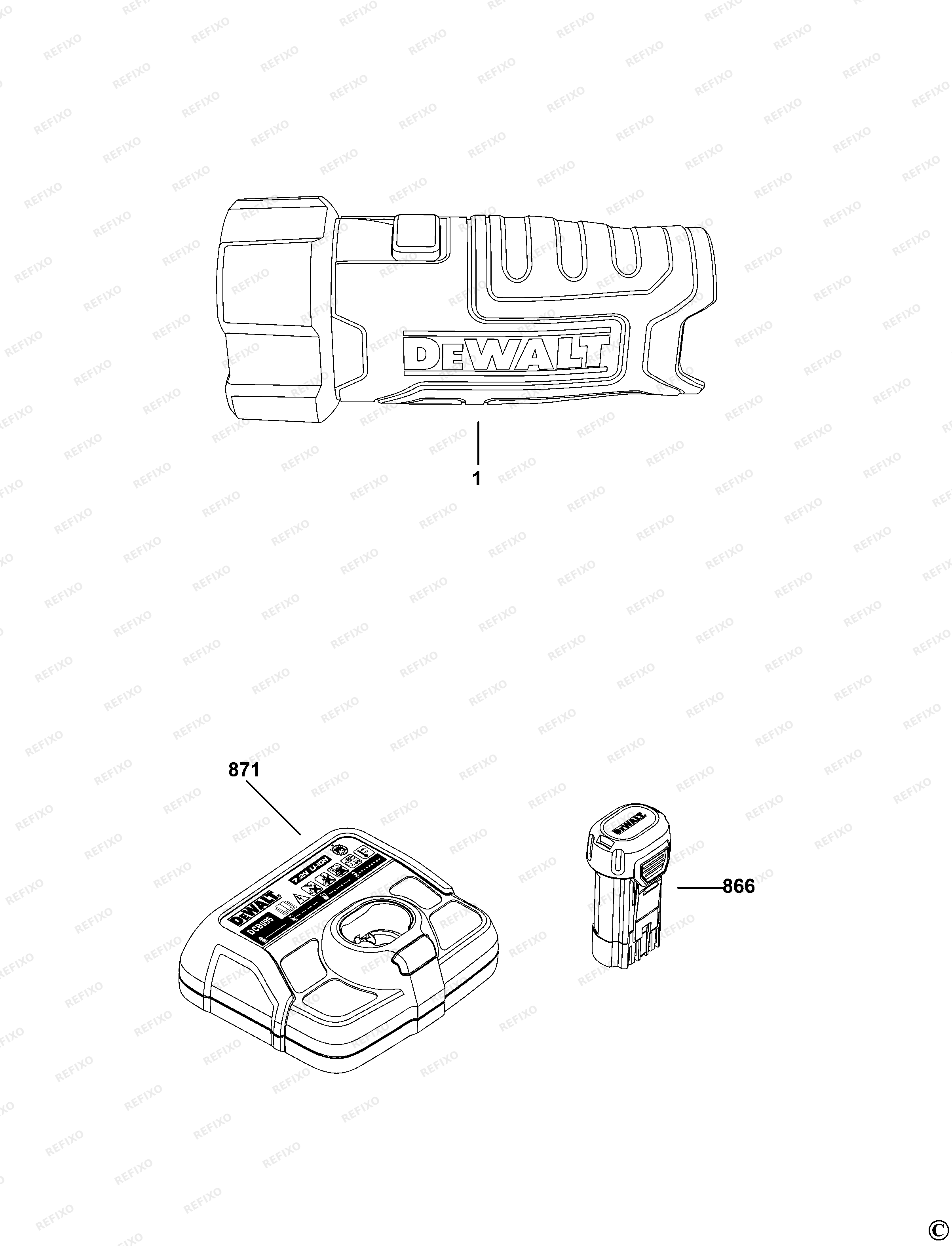 DeWalt АККУМУЛЯТОРНЫЙ УДАРОПРОЧНЫЙ ФОНАРЬ DCL023N — схема запчастей