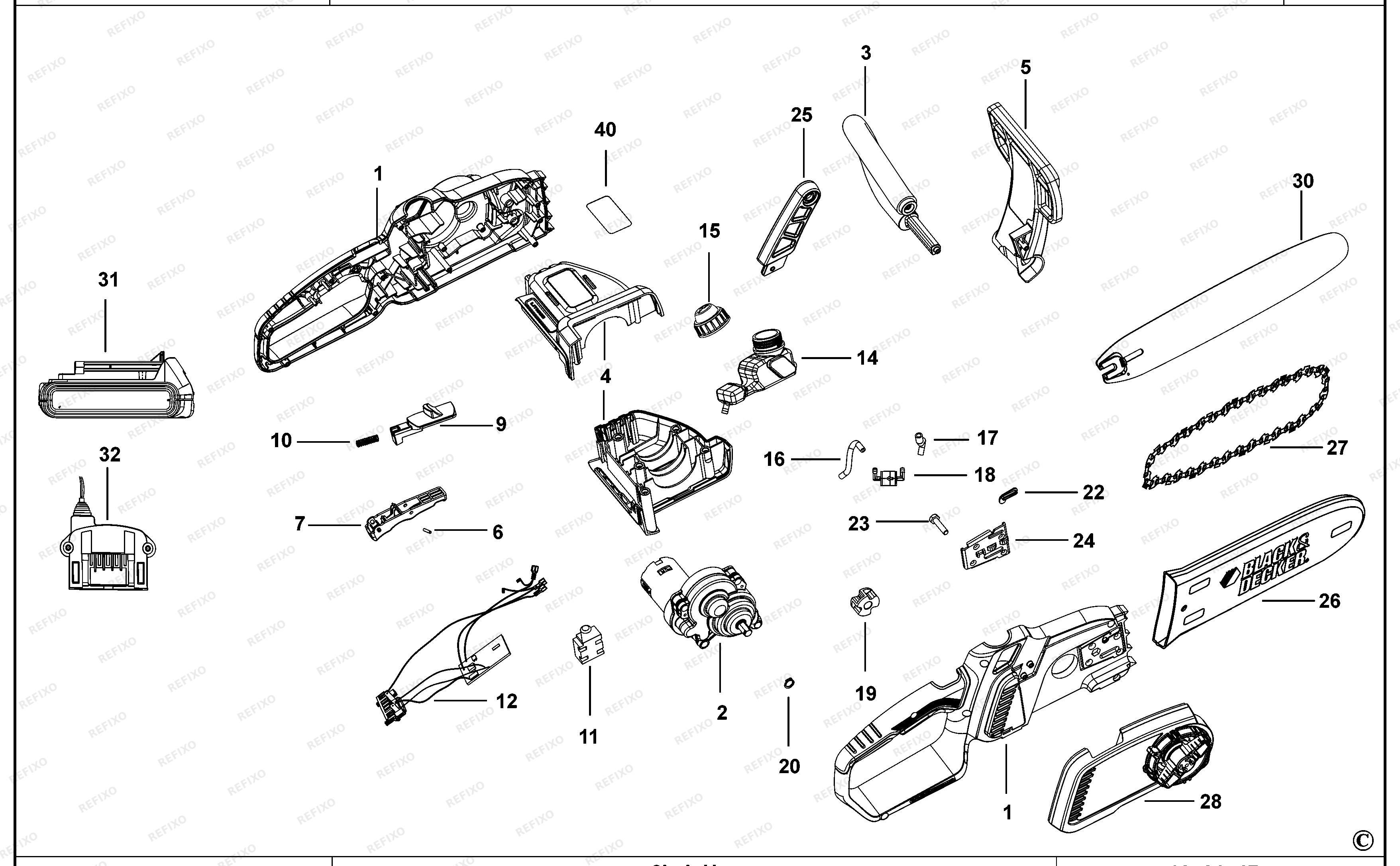 Black&Decker ЦЕПНАЯ ПИЛА CS1825L1 — схема запчастей
