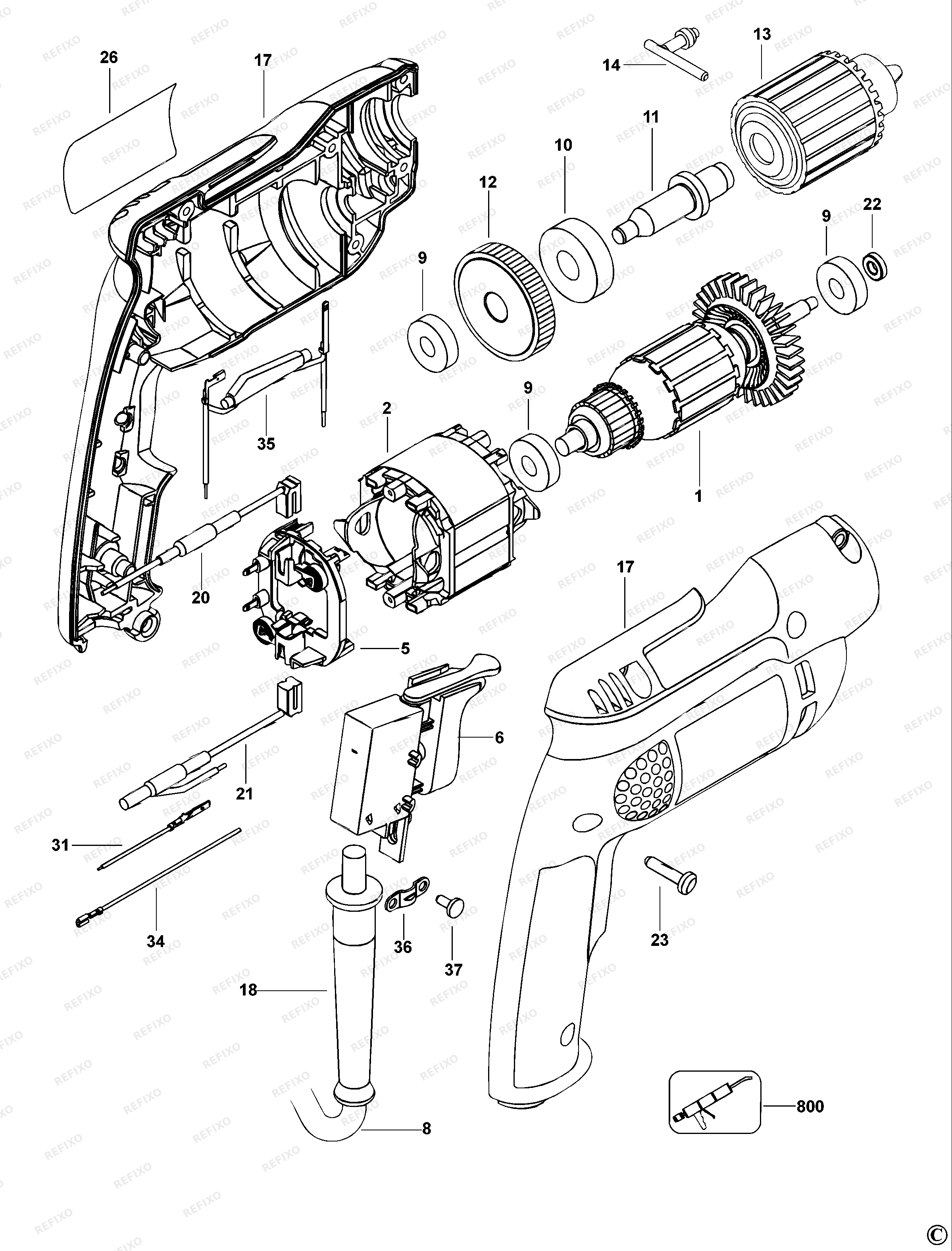 DeWalt ДРЕЛЬ D21002 — схема запчастей