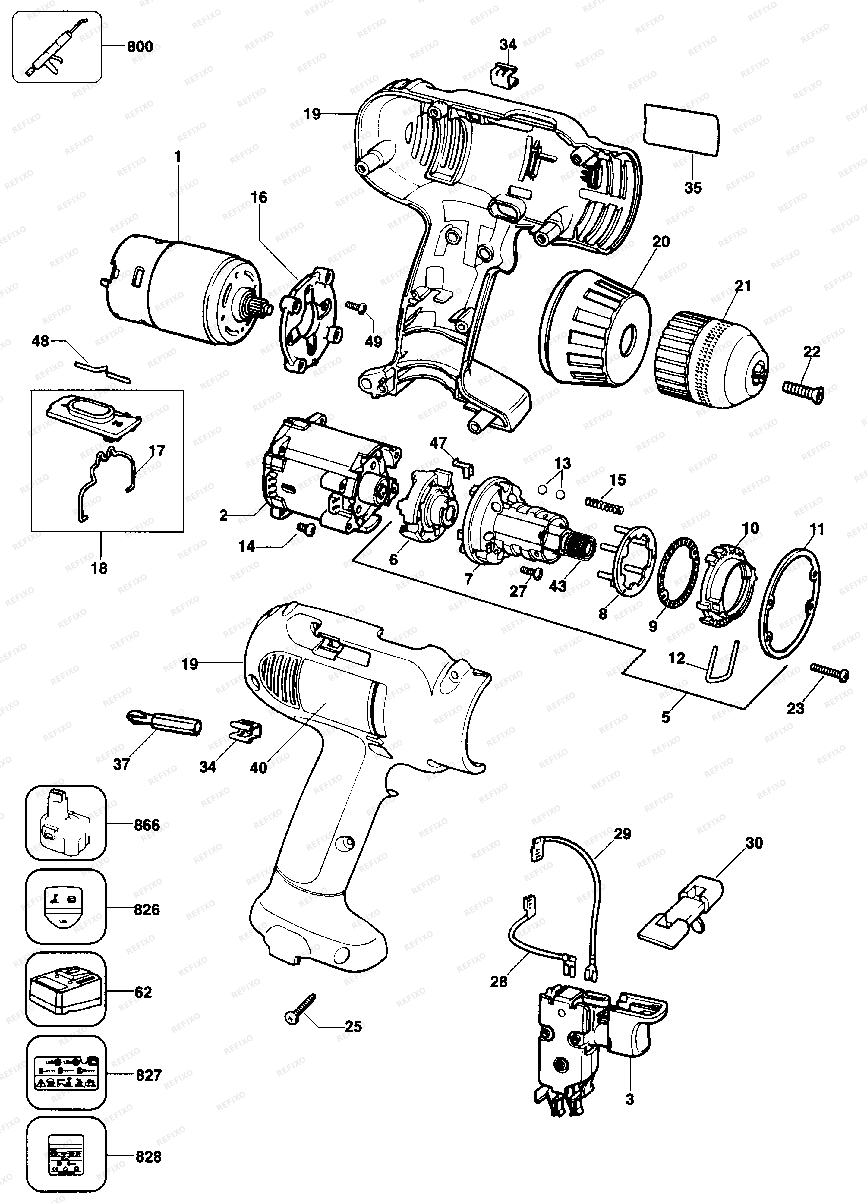 DeWalt АККУМУЛЯТОРНАЯ ДРЕЛЬ DW905K — схема запчастей