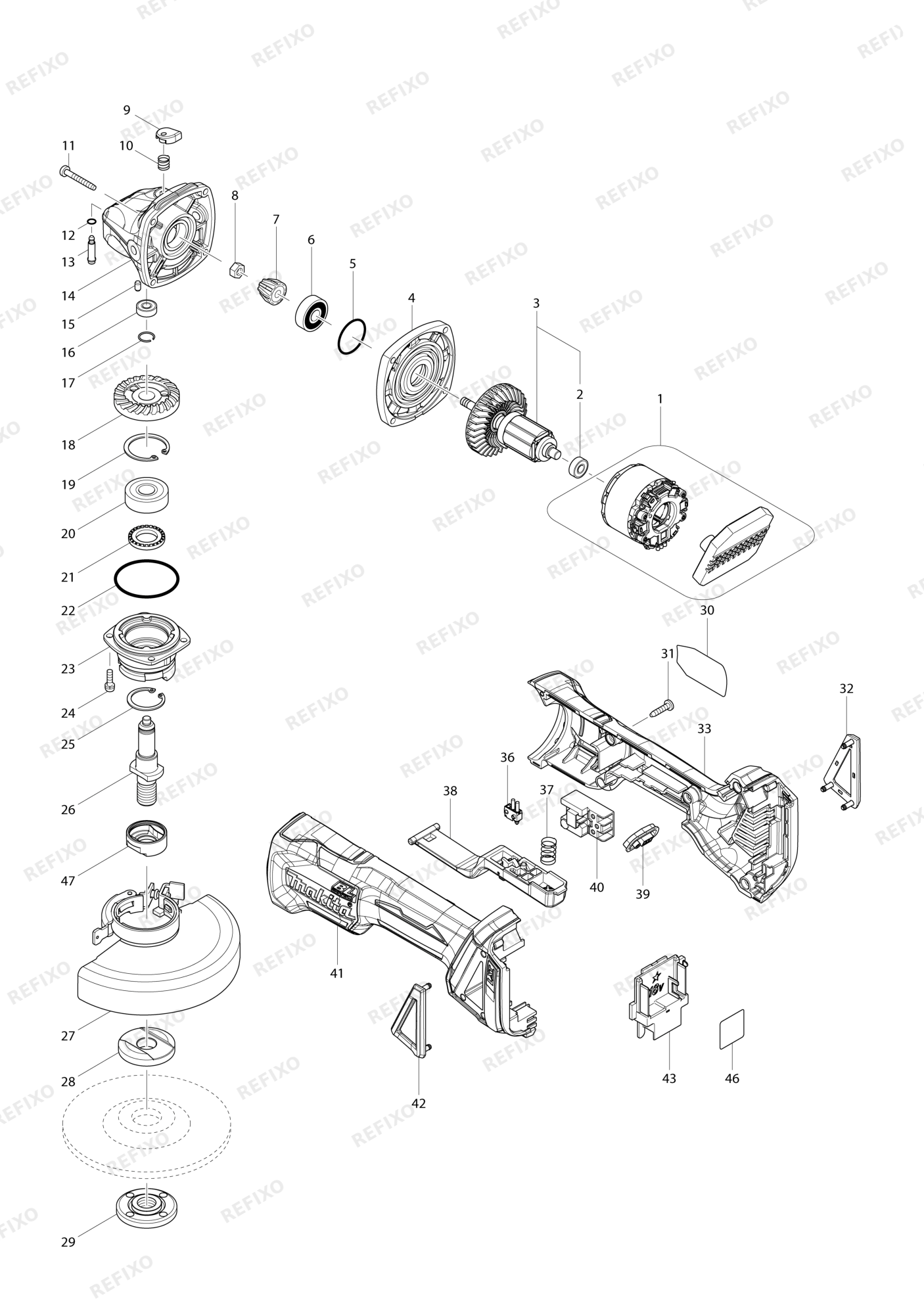 MAKITA DGA508 — схема запчастей