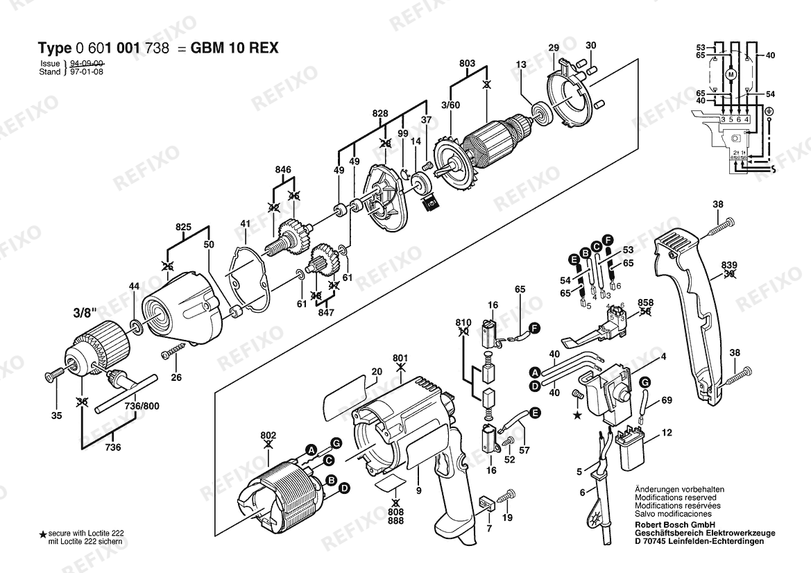 Bosch Дрель DRILL | 100 V | 006 - JP (0 601 001 738) — схема запчастей