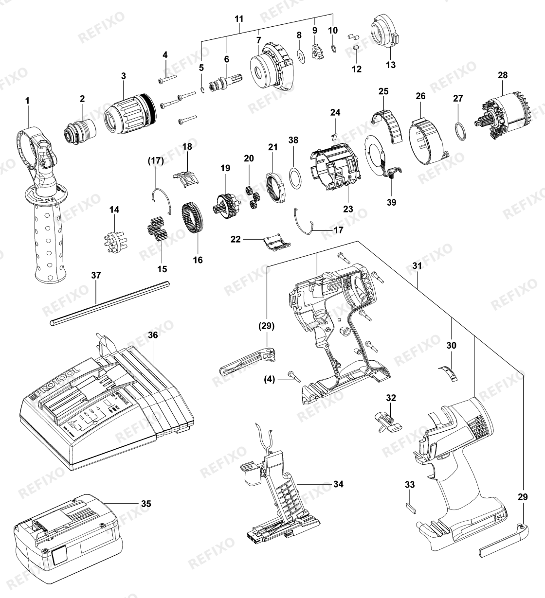 Festool DRC 15-4 TEc - аккумуляторный шуруповёрт — схема запчастей