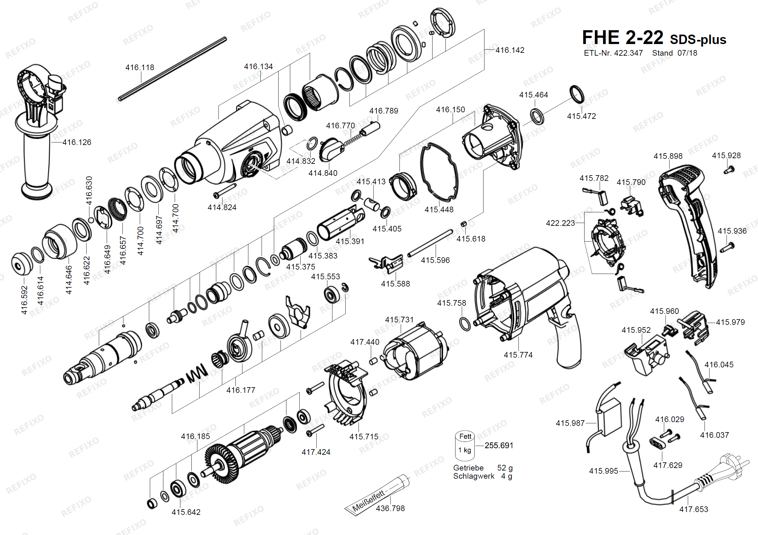 Flex FHE 2-22 SDS-plus - перфоратор 2,3 kg, SDS-plus FHE2-22SDS-plus — схема запчастей