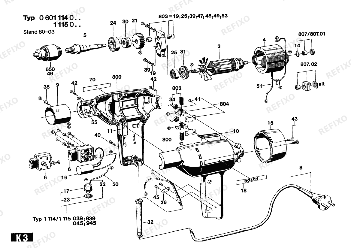 Bosch Дрель Drill | 115 V | 061 - US (0 601 115 739) — схема запчастей