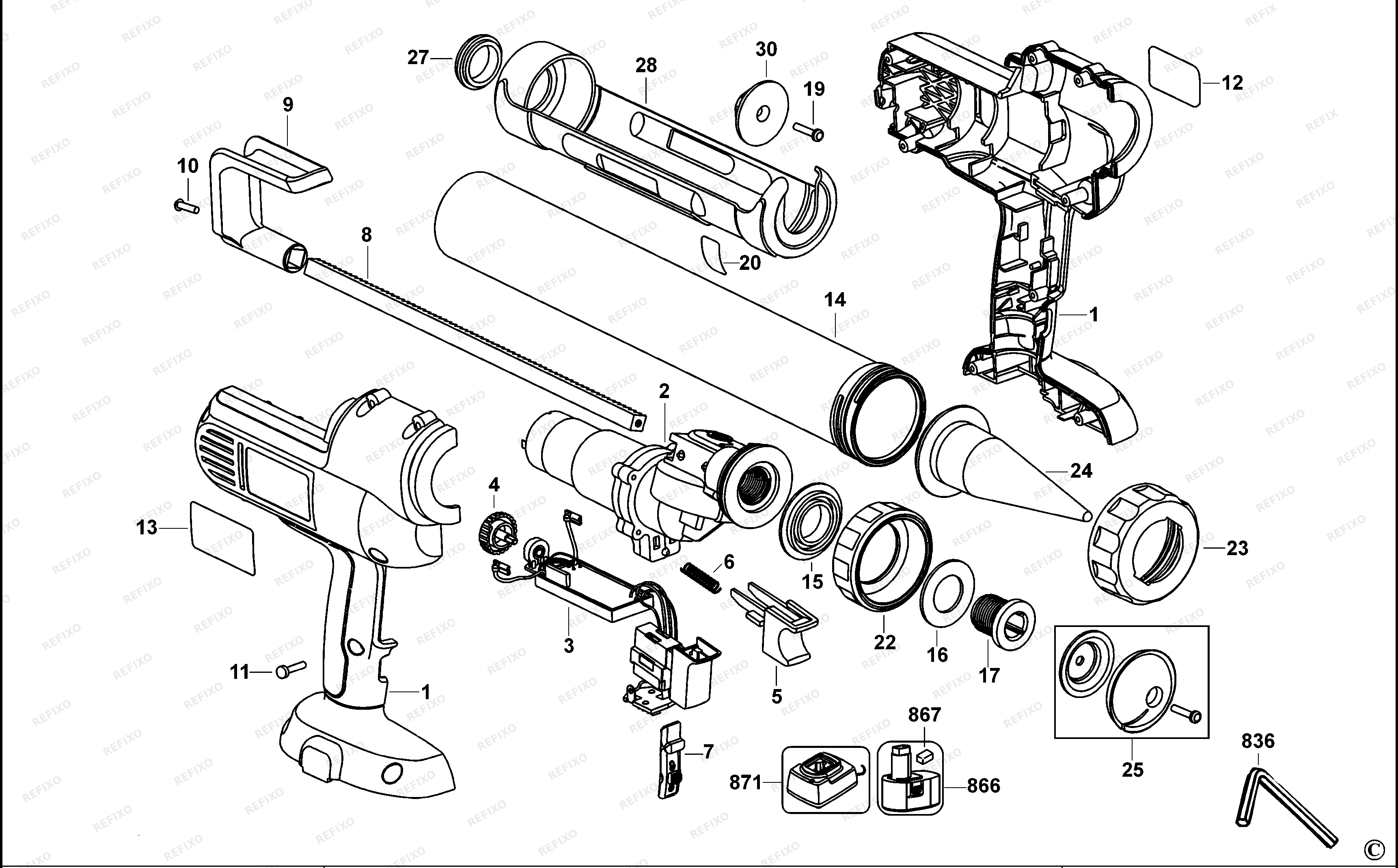 DeWalt ПИСТОЛЕТ ДЛЯ ГЕРМЕТИКОВ DC547K — схема запчастей