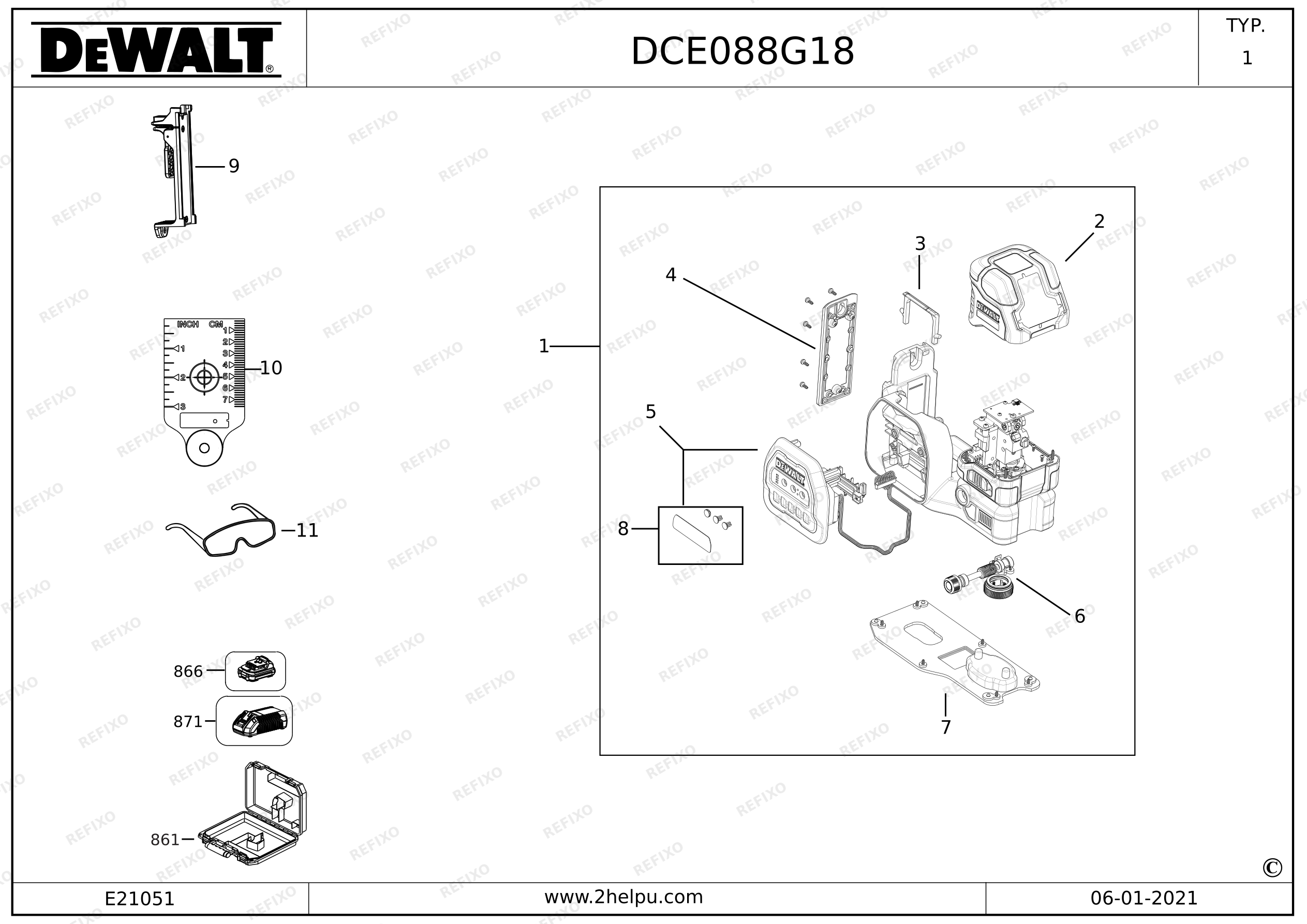 DeWalt ЛАЗЕРНЫЙ ПОСТРОИТЕЛЬ ПЛОСКОСТЕЙ DCE088D1G18 — схема запчастей