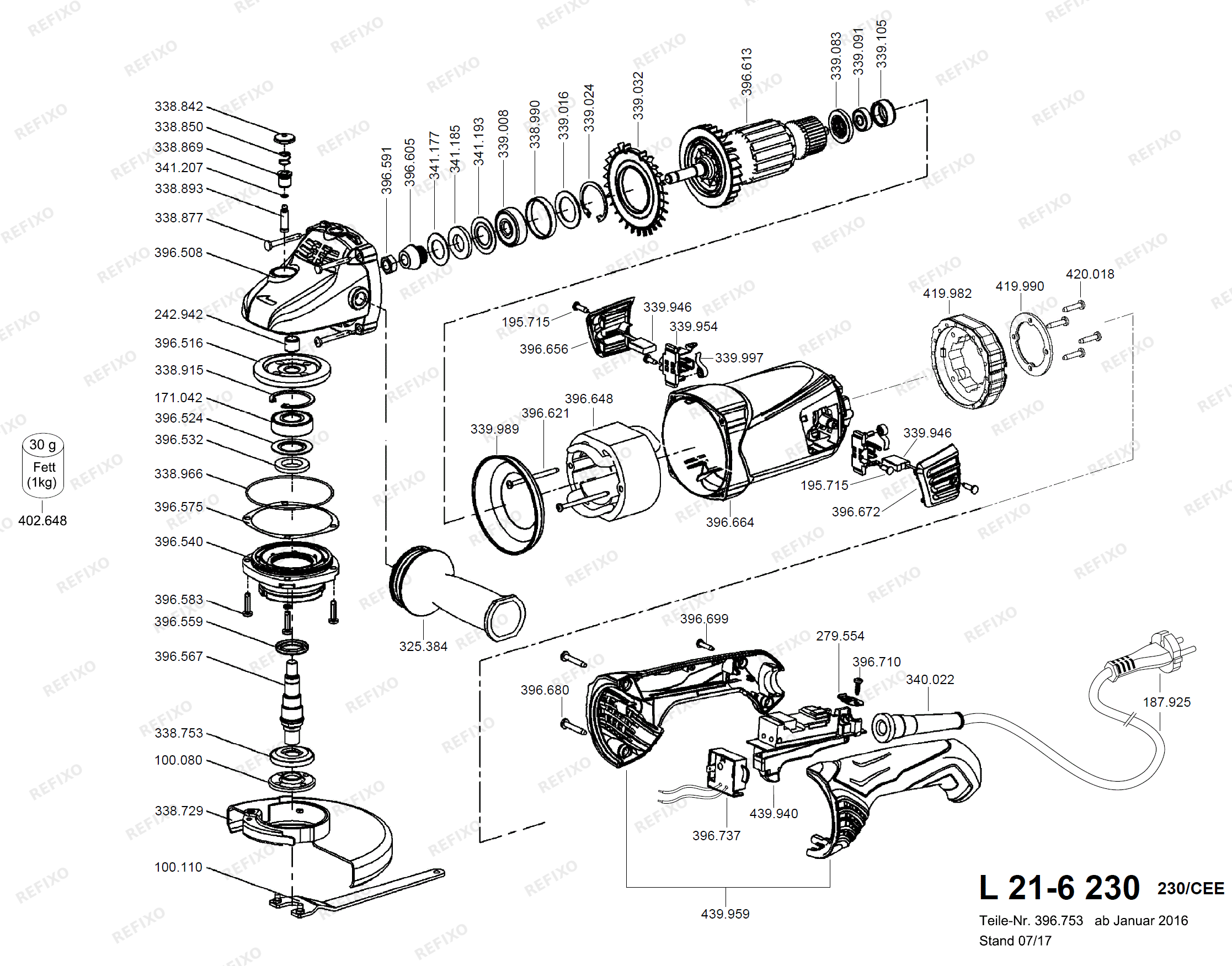 Flex L 21-6 230 - 2100 Watt Zweihand- угловая шлифмашина L21-6 — схема запчастей