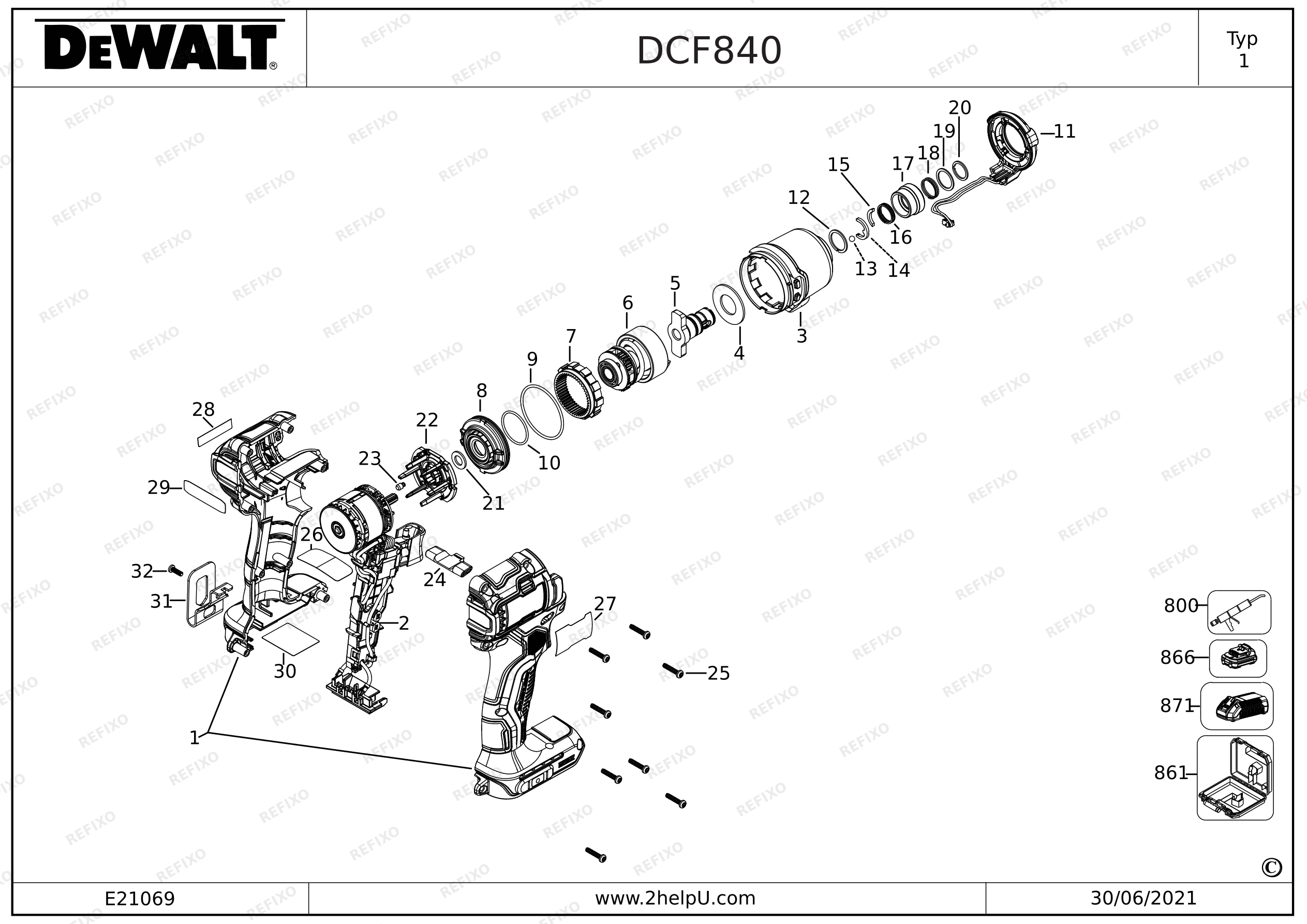 DeWalt УДАРНЫЙ ГАЙКОВЕРТ DCF840D2T — схема запчастей