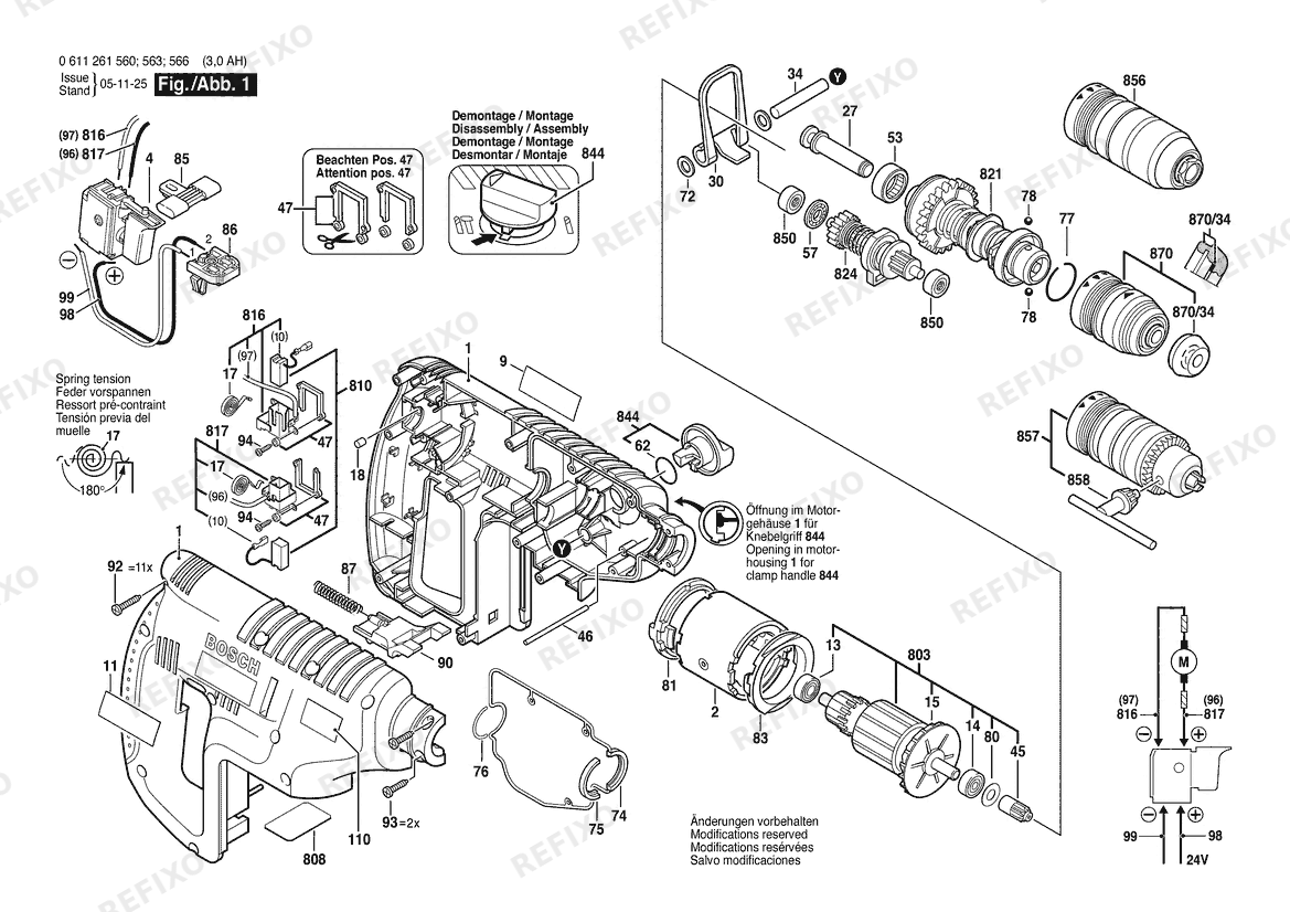 Bosch Gw- аккумуляторный - перфоратор GBH 24 VFR | 24 V | 001 - EU (0 611 261 560) — схема запчастей