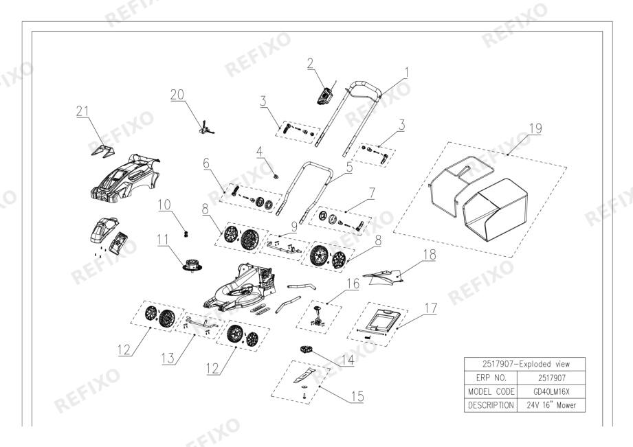 Greenworks 2517907-GD40LM16x-Exploded wiew — схема запчастей