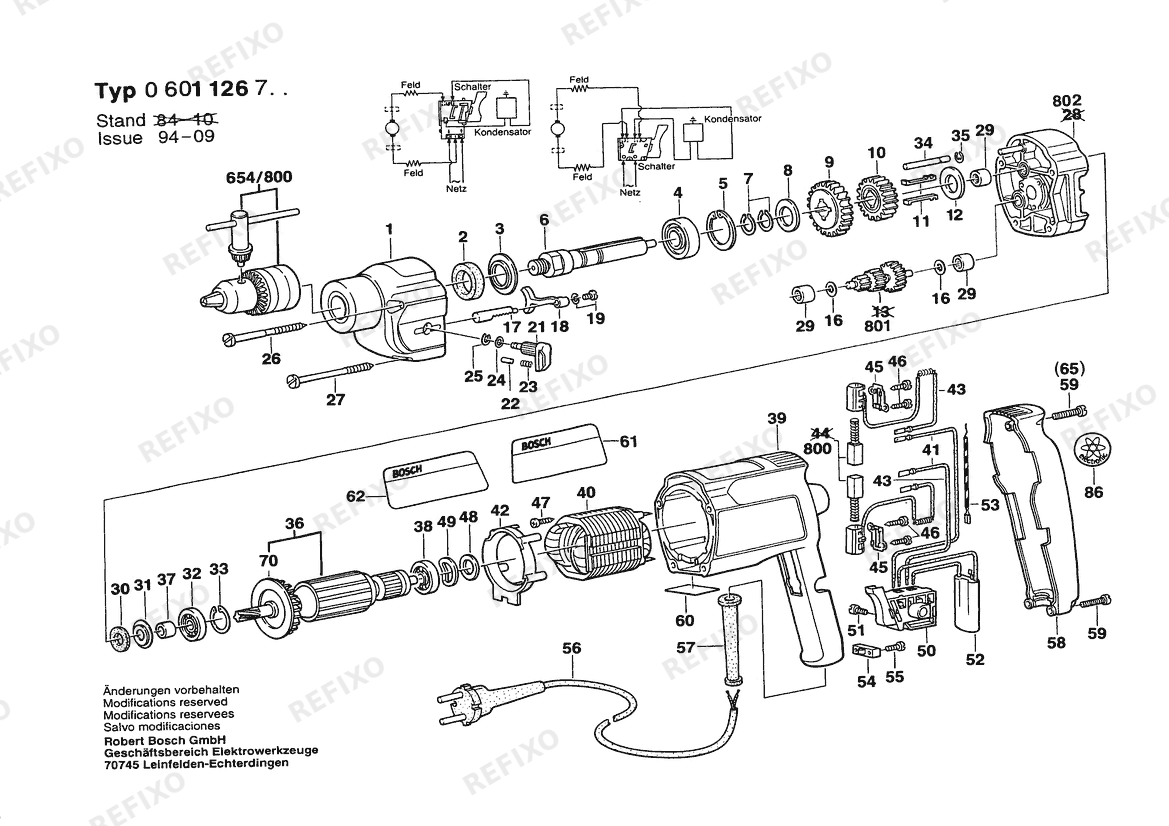 Bosch Дрель Drill | 220 V | 004 - CH (0 601 126 732) — схема запчастей