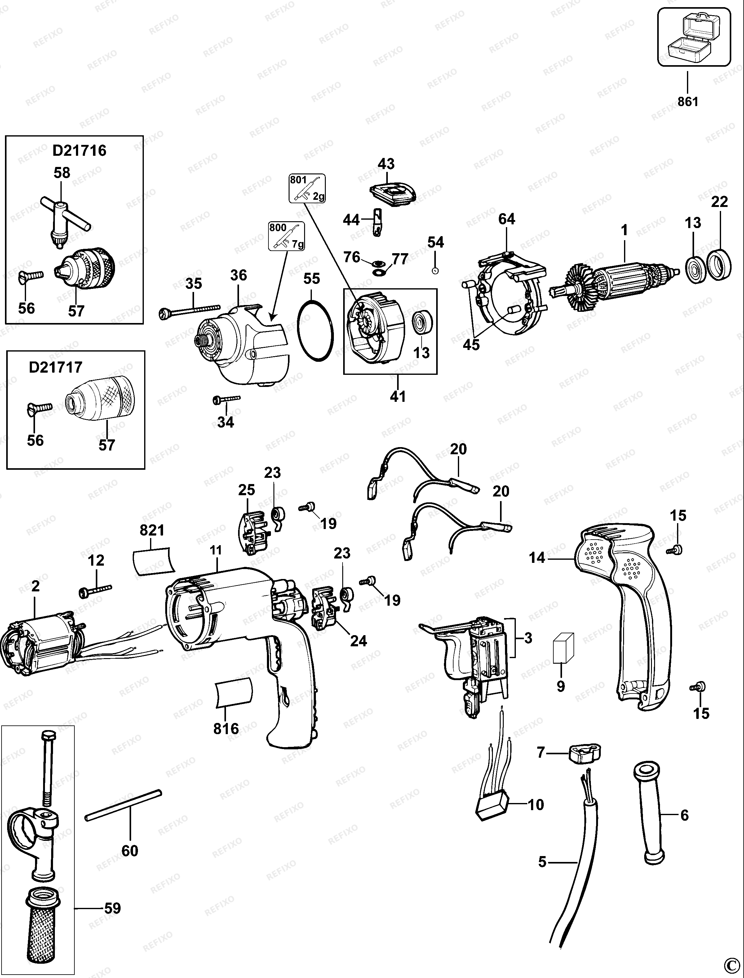 DeWalt ДРЕЛЬ D21717K — схема запчастей