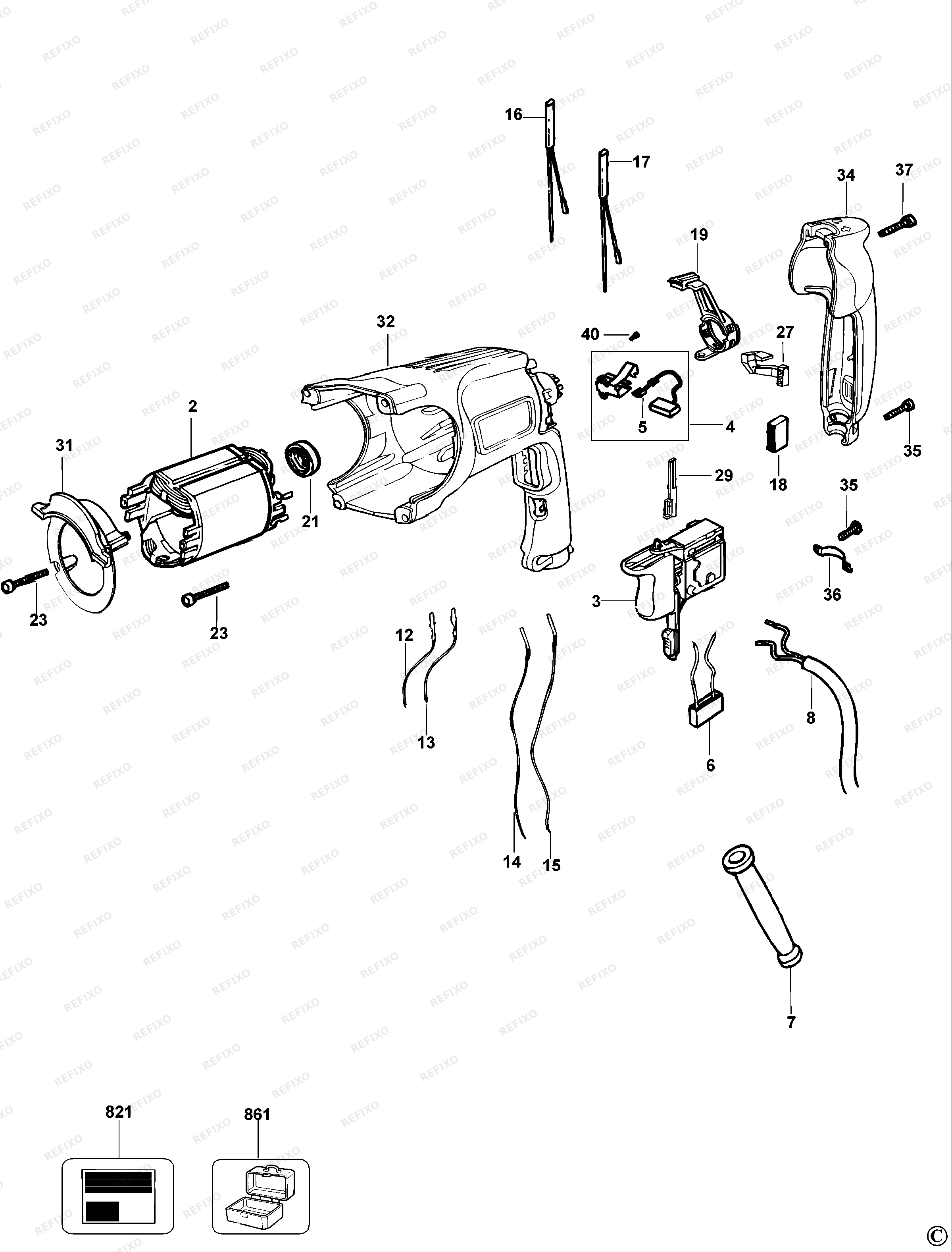 DeWalt ПЕРФОРАТОР D25101K — схема запчастей