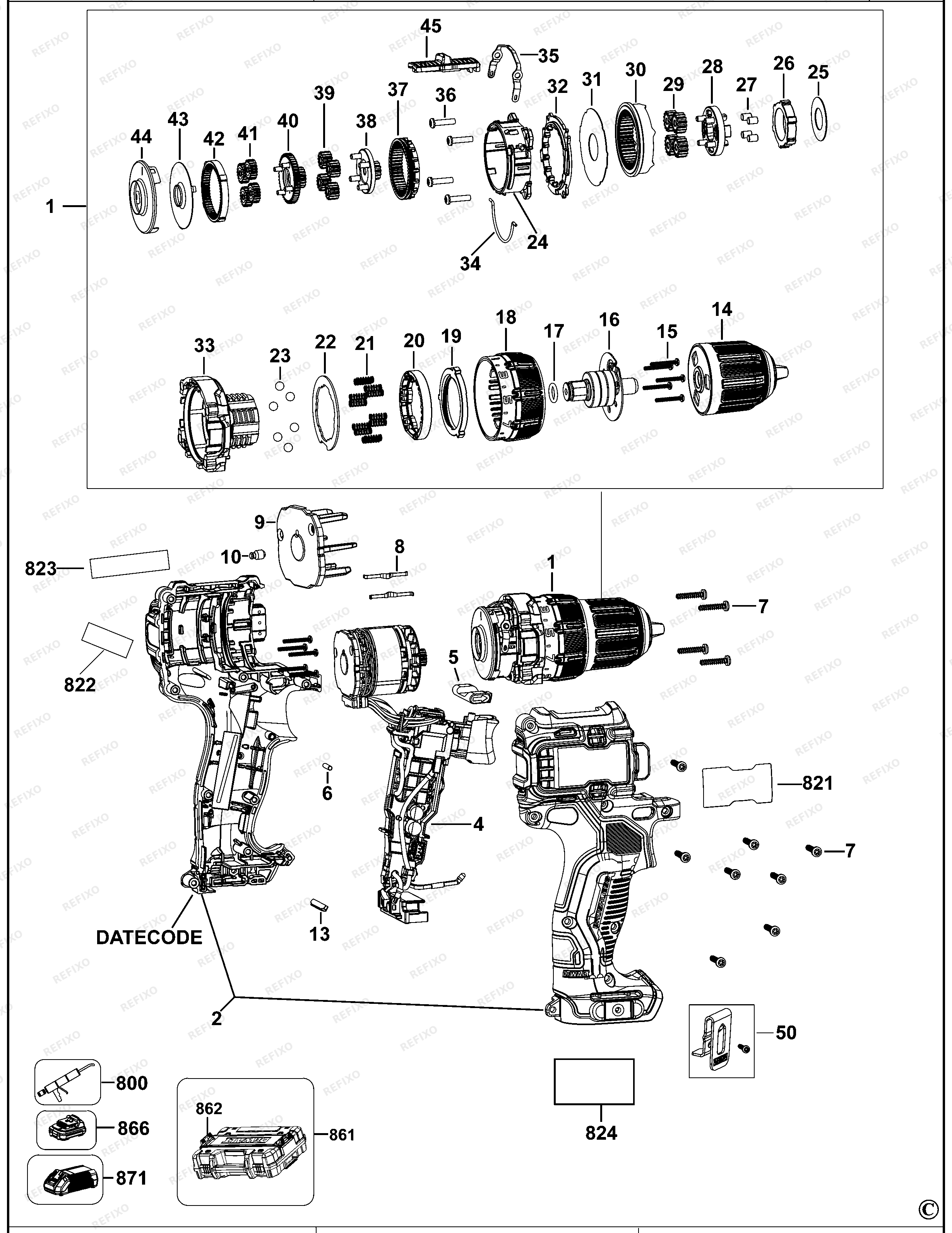 DeWalt АККУМУЛЯТОРНАЯ ДРЕЛЬ DCD701 — схема запчастей