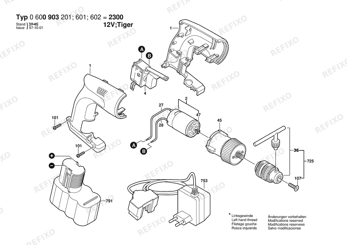 Bosch Аккумуляторный - дрель BS 12V | 12 V | 001 - EU (0 600 903 602) — схема запчастей