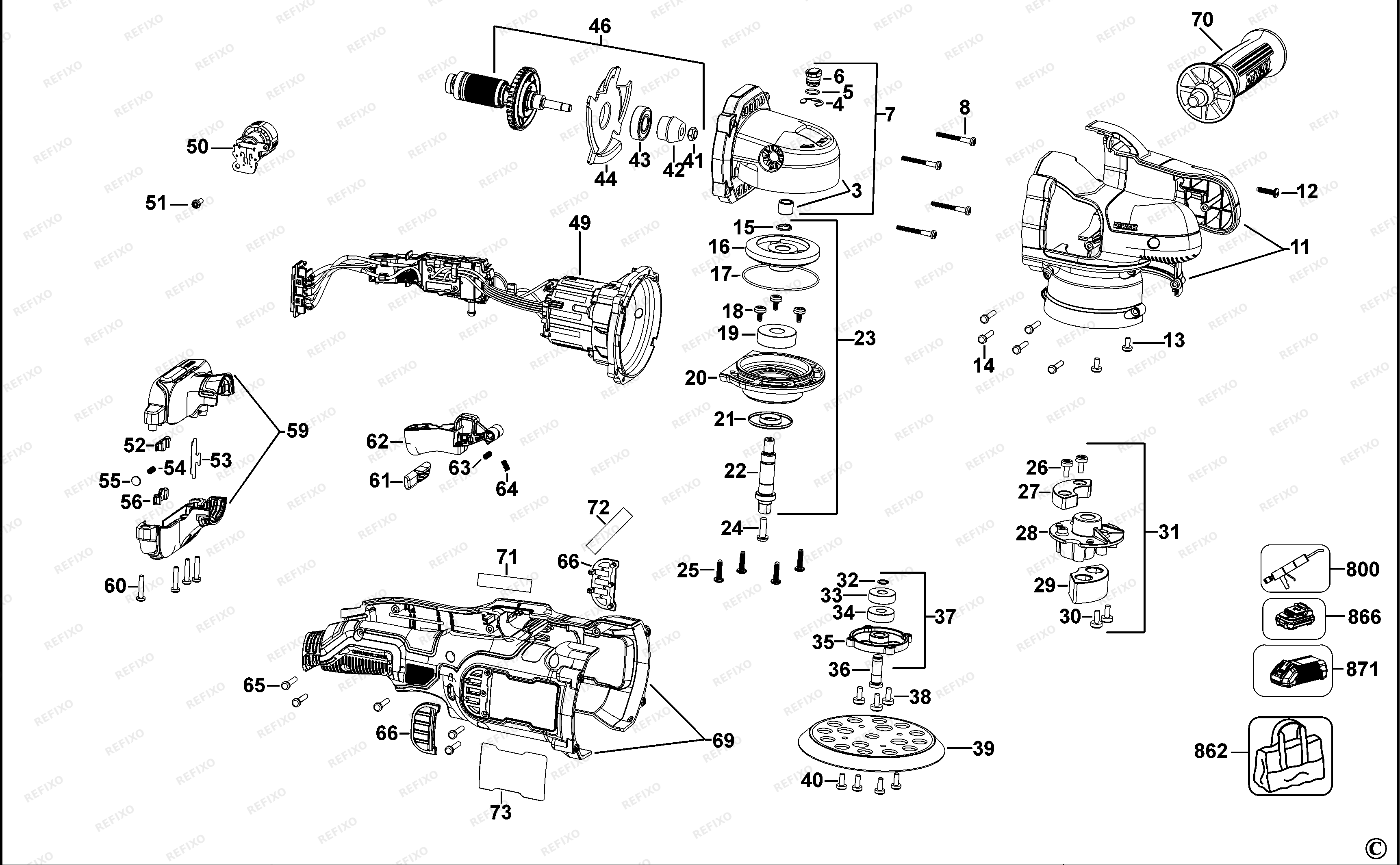 DeWalt ПОЛИРОВАЛЬНЫЙ СТАНОК DCM848 — схема запчастей