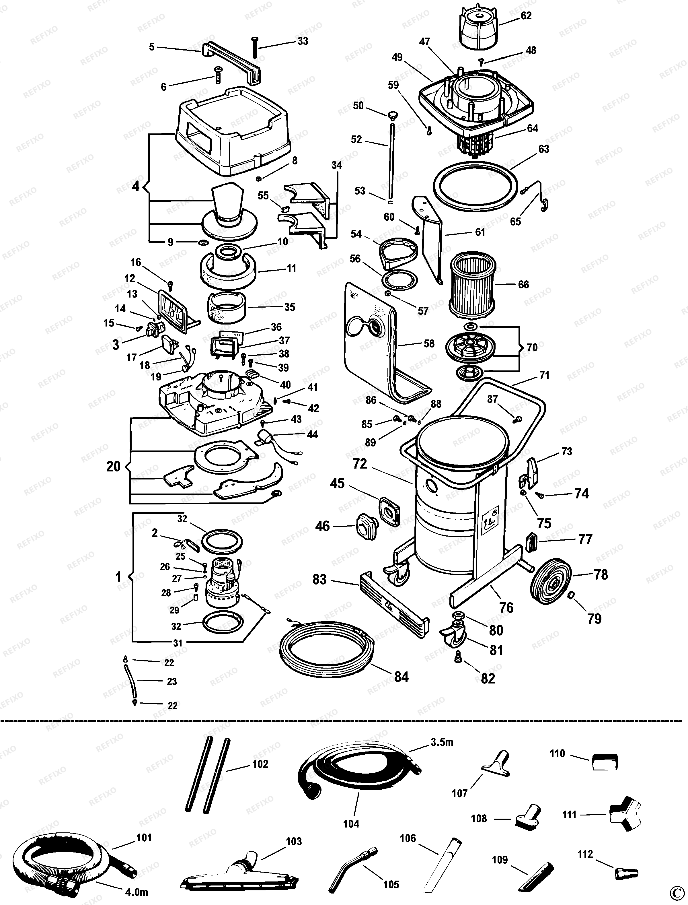 DeWalt ВАКУУМНЫЙ ЭКСТРАКТОР EVE948 — схема запчастей
