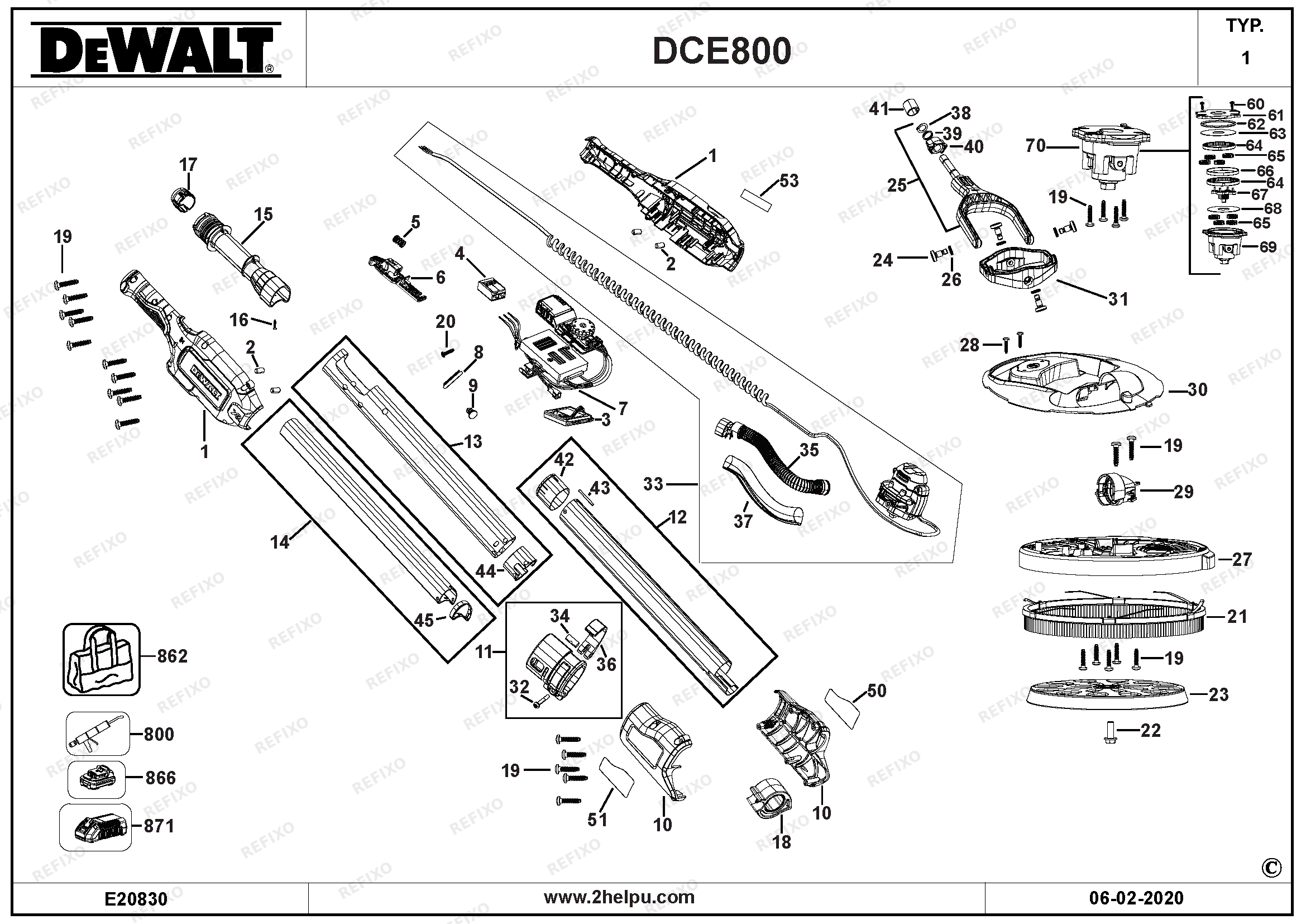 DeWalt ДИСКОВЫЙ ШЛИФОВАЛЬНЫЙ СТАНОК ДЛЯ ГИПСОКАРТОНА DCE800N — схема запчастей