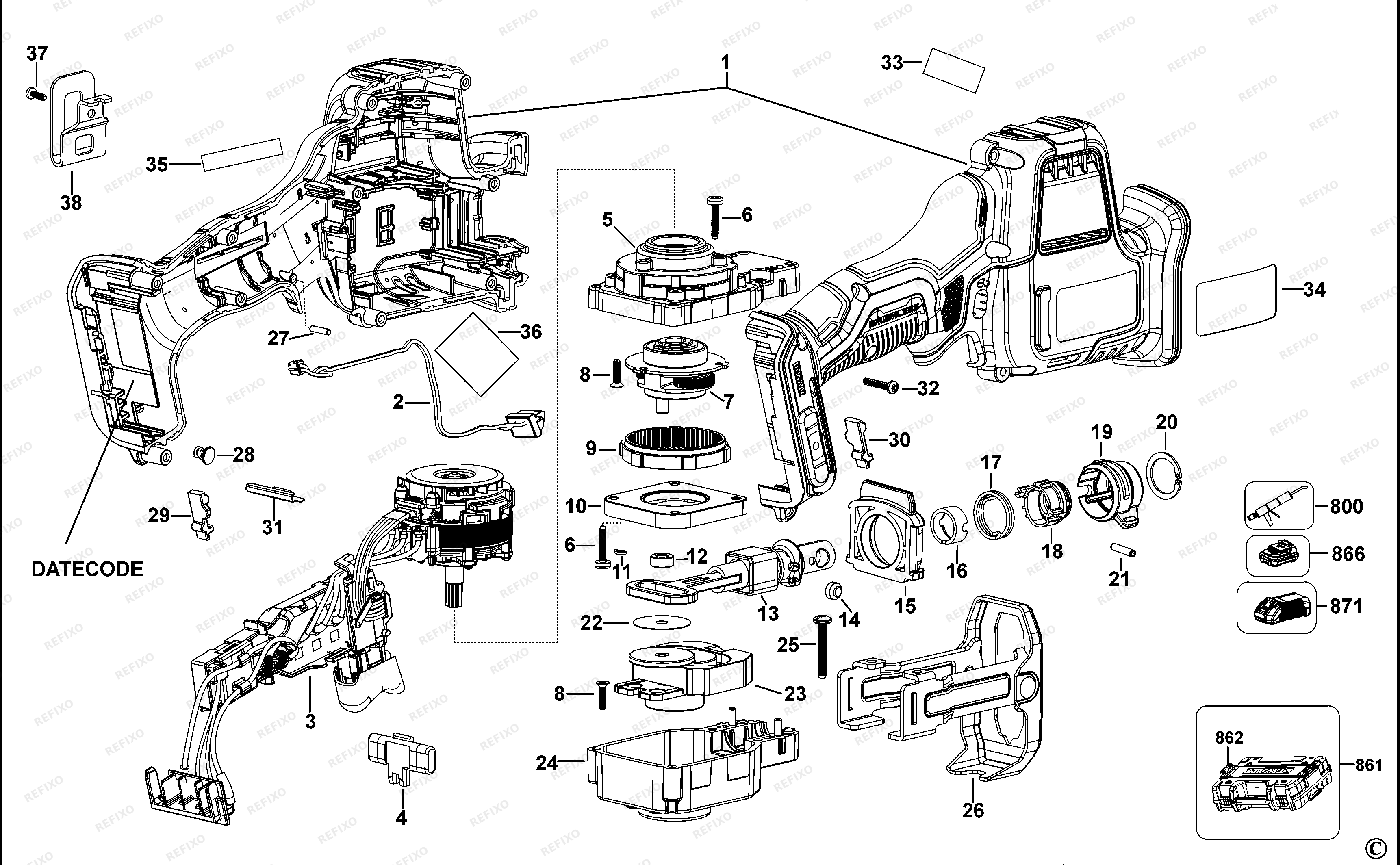 DeWalt АККУМУЛЯТОРНАЯ САБЕЛЬНАЯ ПИЛА DCS369 — схема запчастей