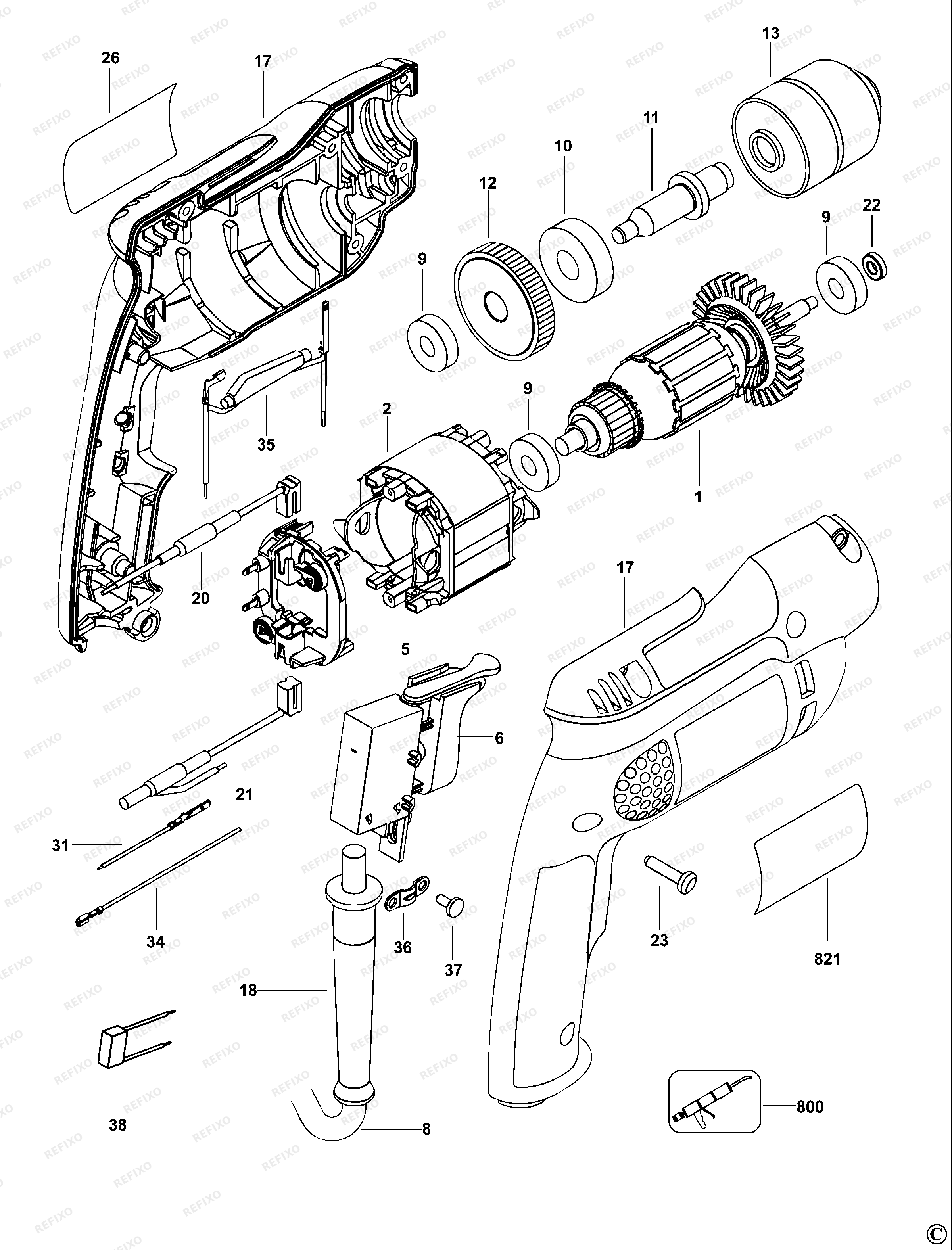 DeWalt ДРЕЛЬ D21008 — схема запчастей
