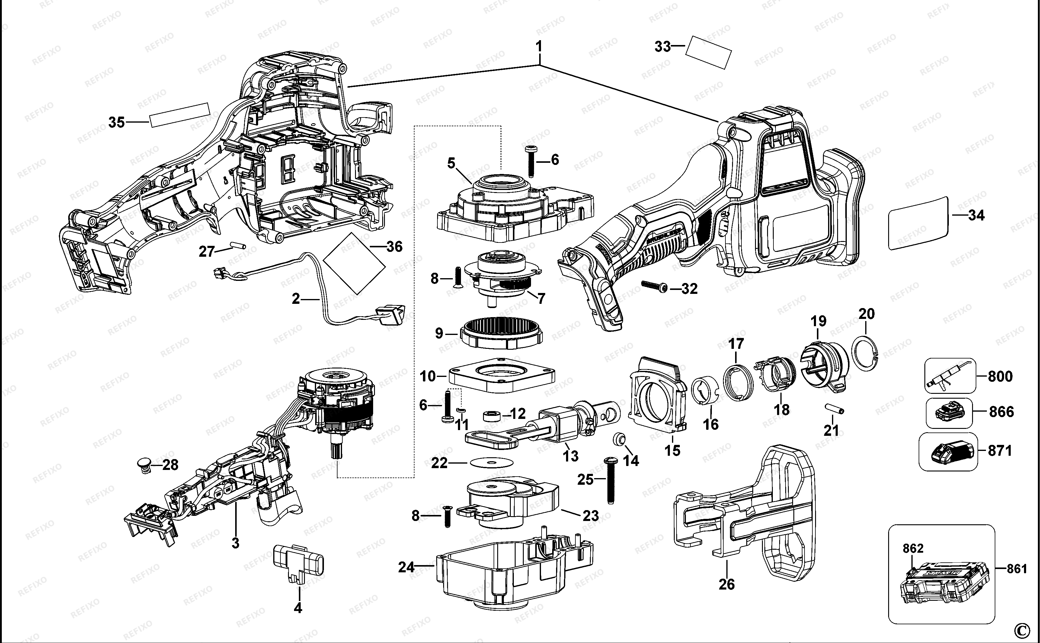 DeWalt АККУМУЛЯТОРНАЯ САБЕЛЬНАЯ ПИЛА DCS312 — схема запчастей