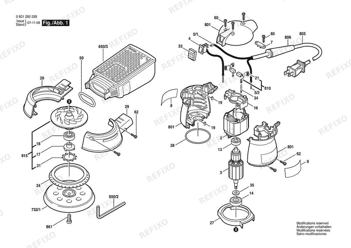Bosch Эксцентриковая шлифмашина 1295 DH | 115 V | 061 - US (0 601 295 539) — схема запчастей