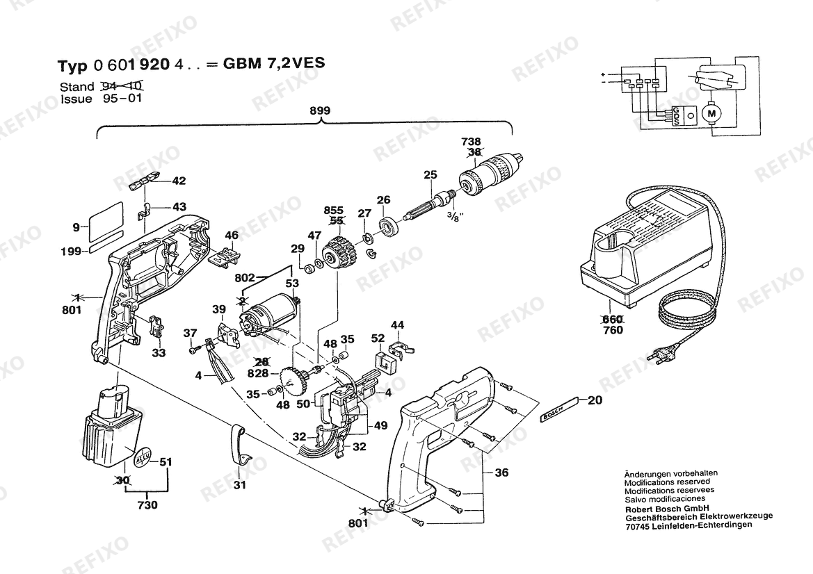 Bosch Аккумуляторный - дрель GBM 7,2 VES | 7.2 V | 001 - EU (0 601 920 423) — схема запчастей