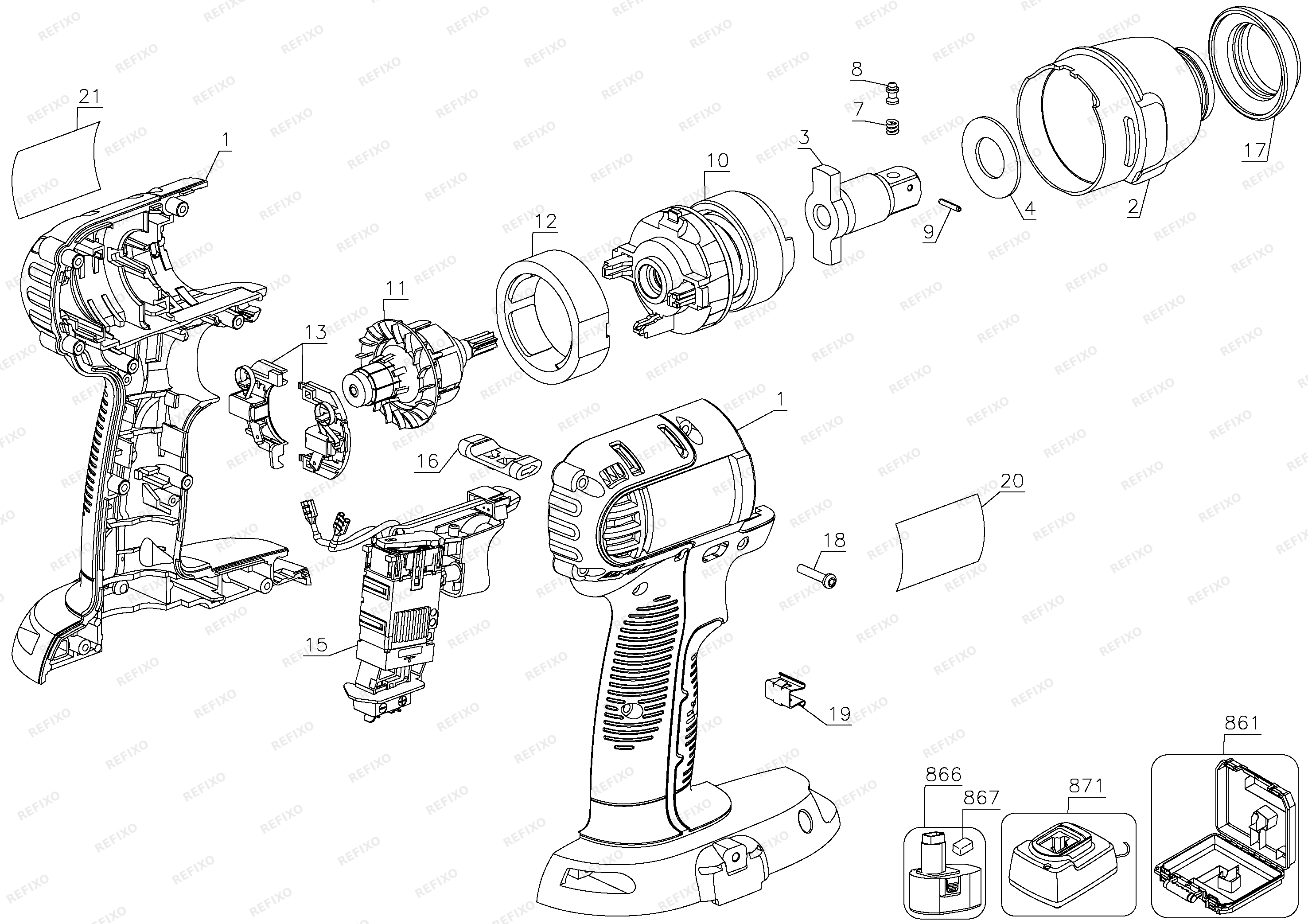 DeWalt 18V Nano Compact Impact W DC822N — схема запчастей