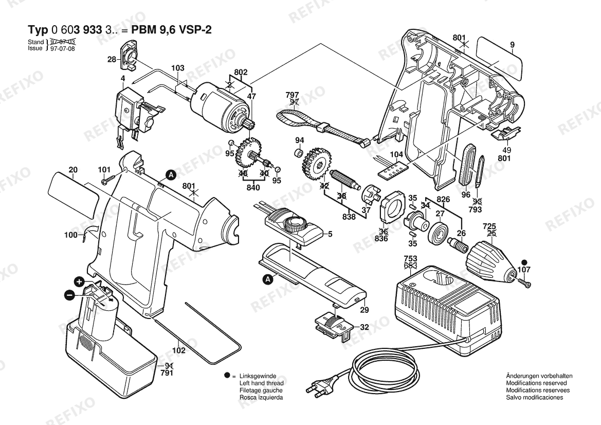 Bosch Hw- аккумуляторный - дрель PBM 9,6 VSP-2 | 9.6 V | 027 - AU (0 603 933 337) — схема запчастей