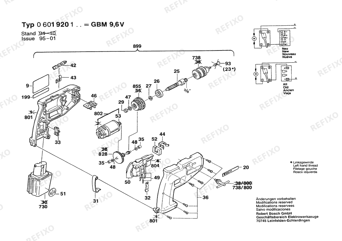 Bosch Аккумуляторный - дрель GBM 9,6 VRL | 9.6 V | 001 - EU (0 601 920 103) — схема запчастей