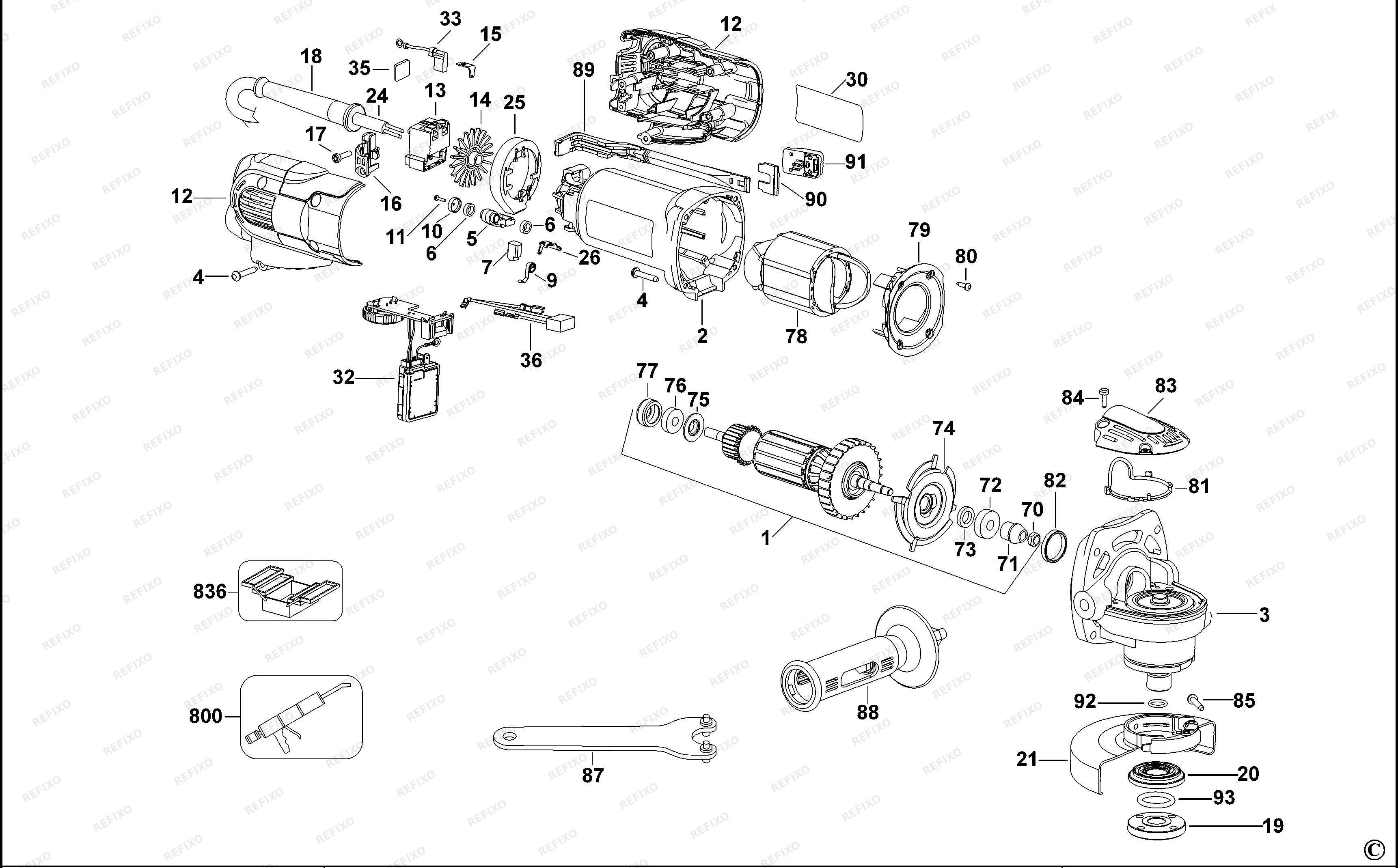 DeWalt МАЛЕНЬКАЯ УГЛОВАЯ ШЛИФМАШИНКА D28116 — схема запчастей