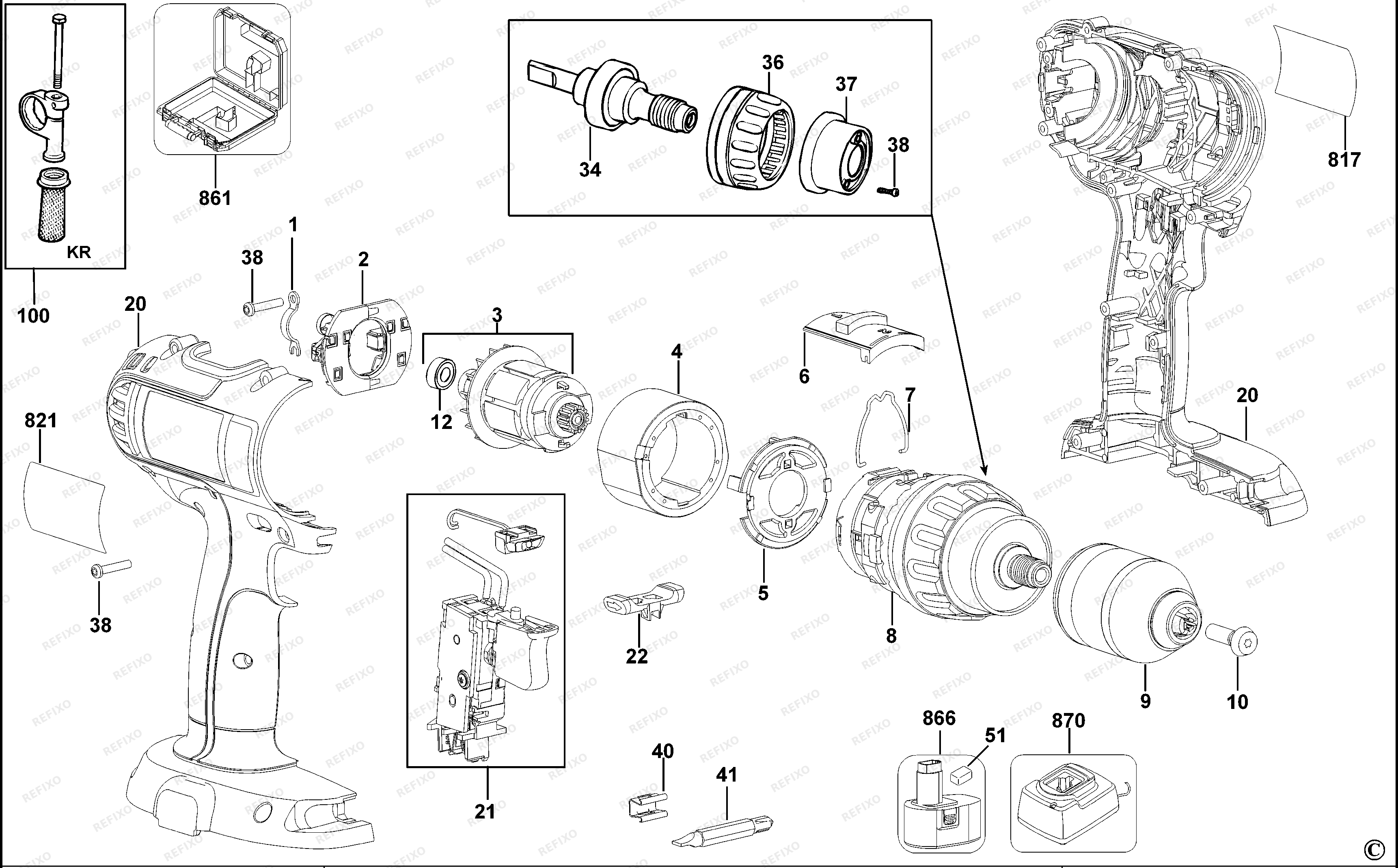 DeWalt АККУМУЛЯТОРНАЯ ДРЕЛЬ DC732K — схема запчастей