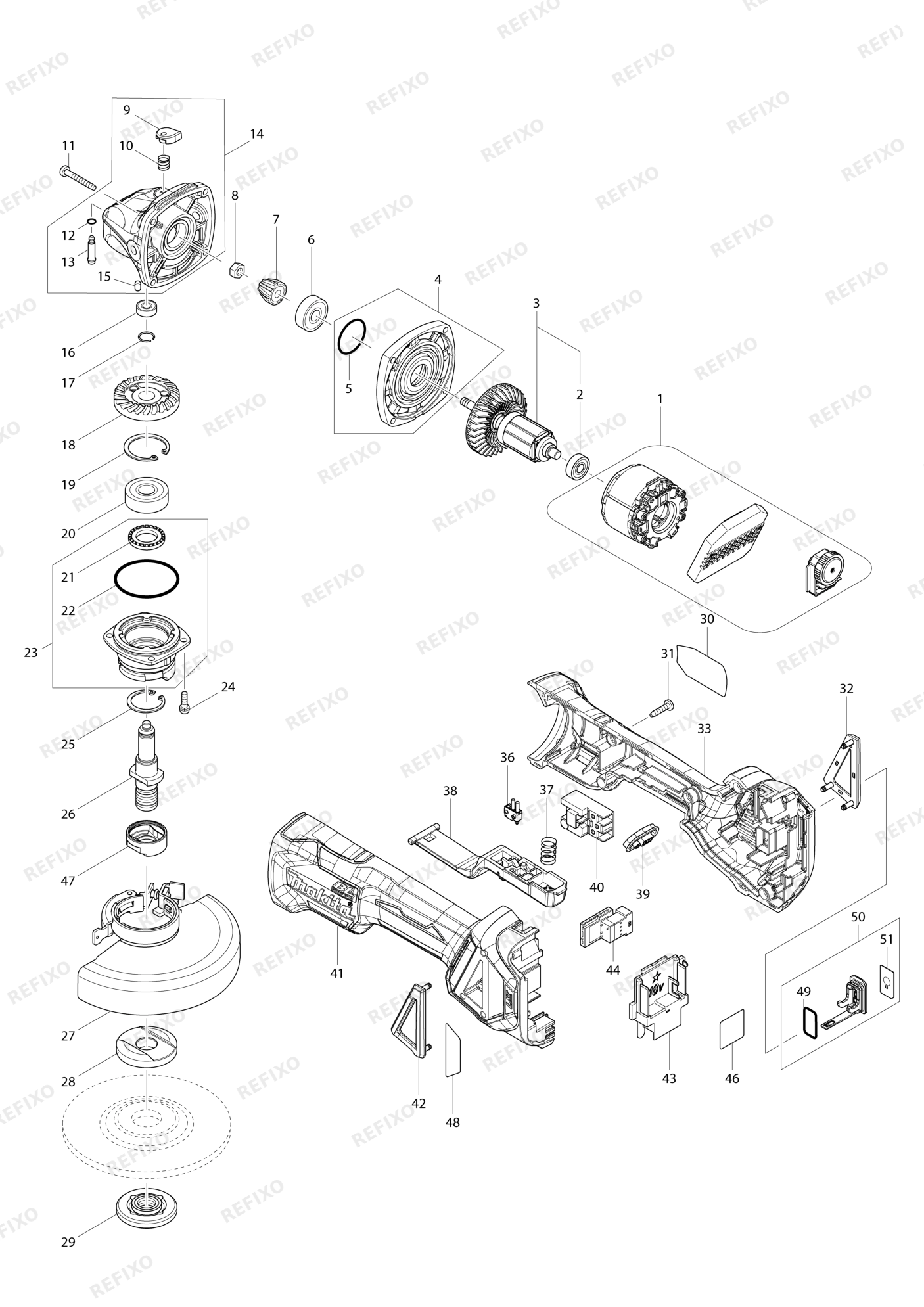 MAKITA DGA518 — схема запчастей