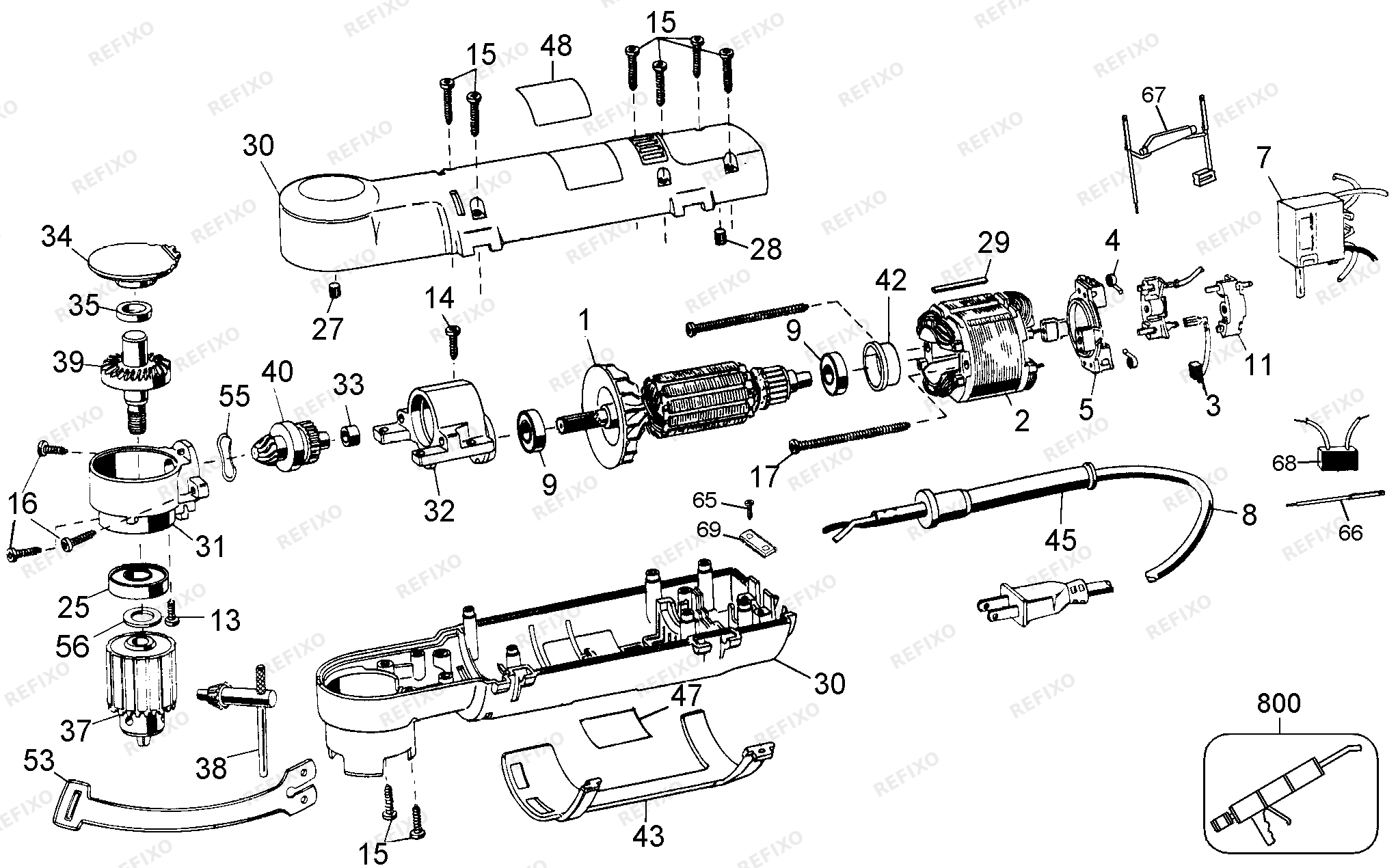 DeWalt 10mm Right Angle Drill D21160 — схема запчастей